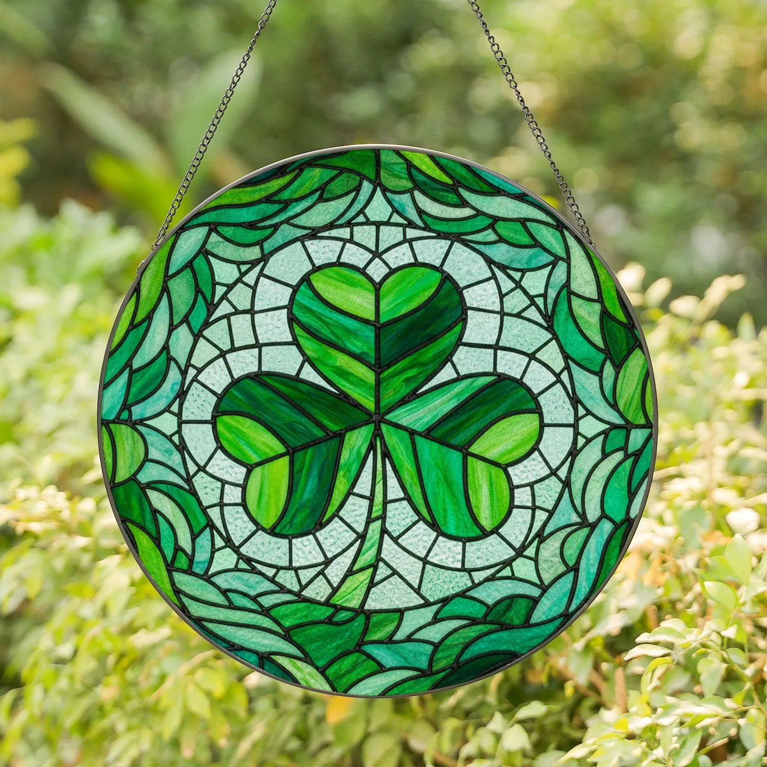 Glowing Translucent Stained Glass Shamrock - Green Mosaic Tiffany Style Window Art Stained Glass Suncatcher - 1