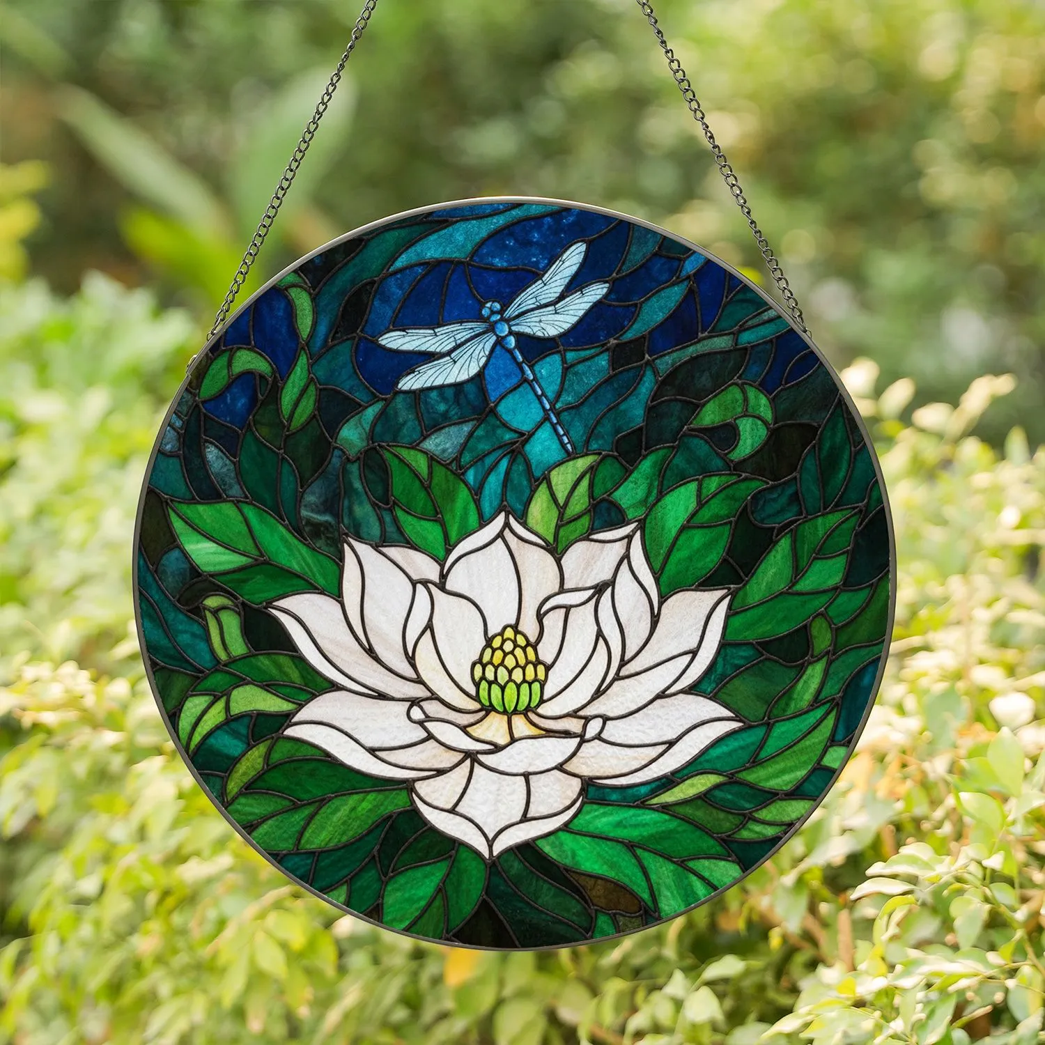 White Magnolia Blue Dragonfly Tiffany Glass Stained Art Window Decor Gift for Home Stained Glass Suncatcher - 1