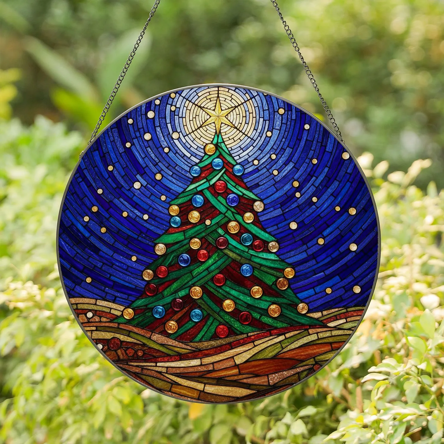 Christmas Tree Star Ornament Stained Glass Mosaic - Holiday Winter Season Decor Gift Stained Glass Suncatcher - 1