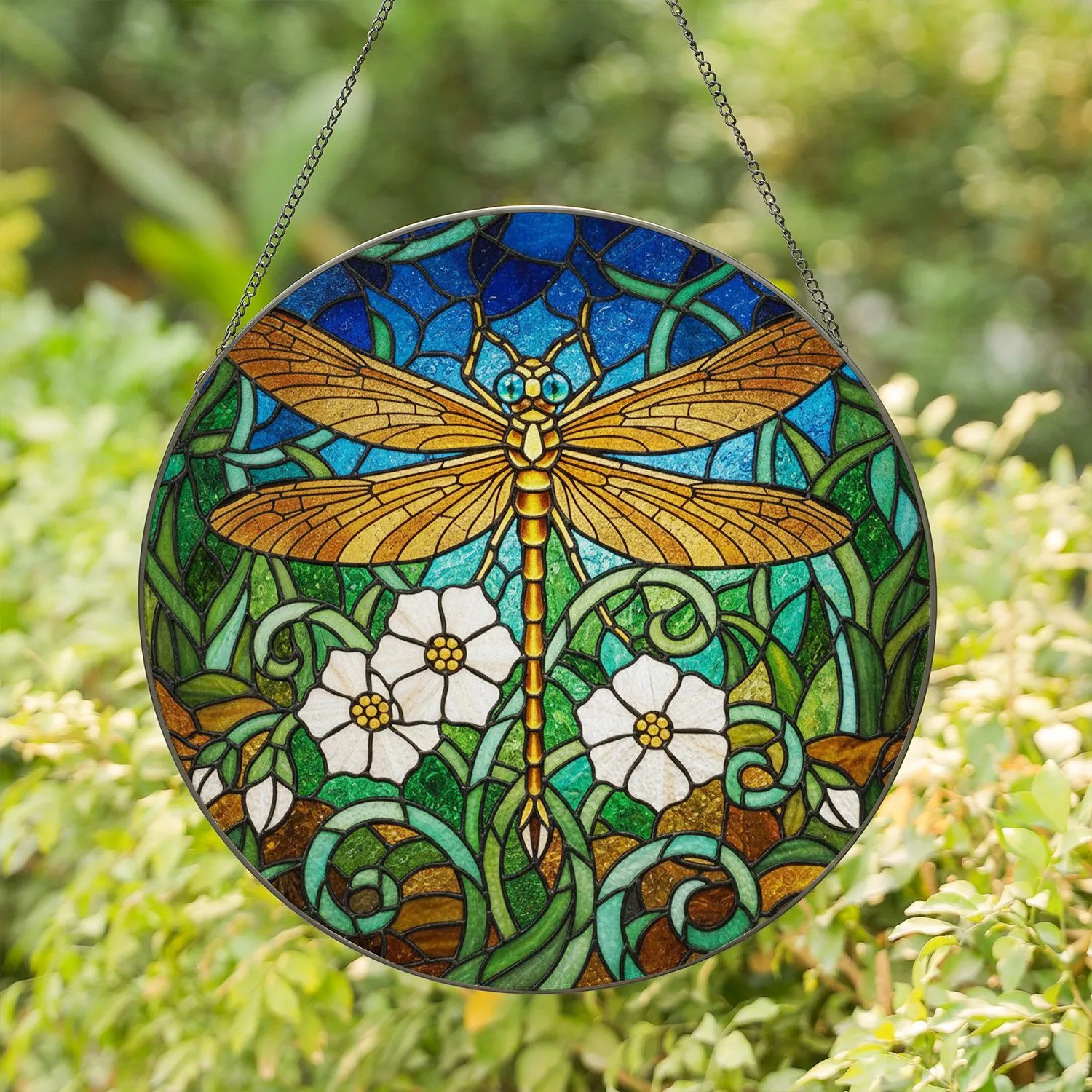 Dragonfly Tiffany Glass Flowers Foliage Mosaic Nature Art Amber Emerald Teal Blue Stained Glass Suncatcher - 1