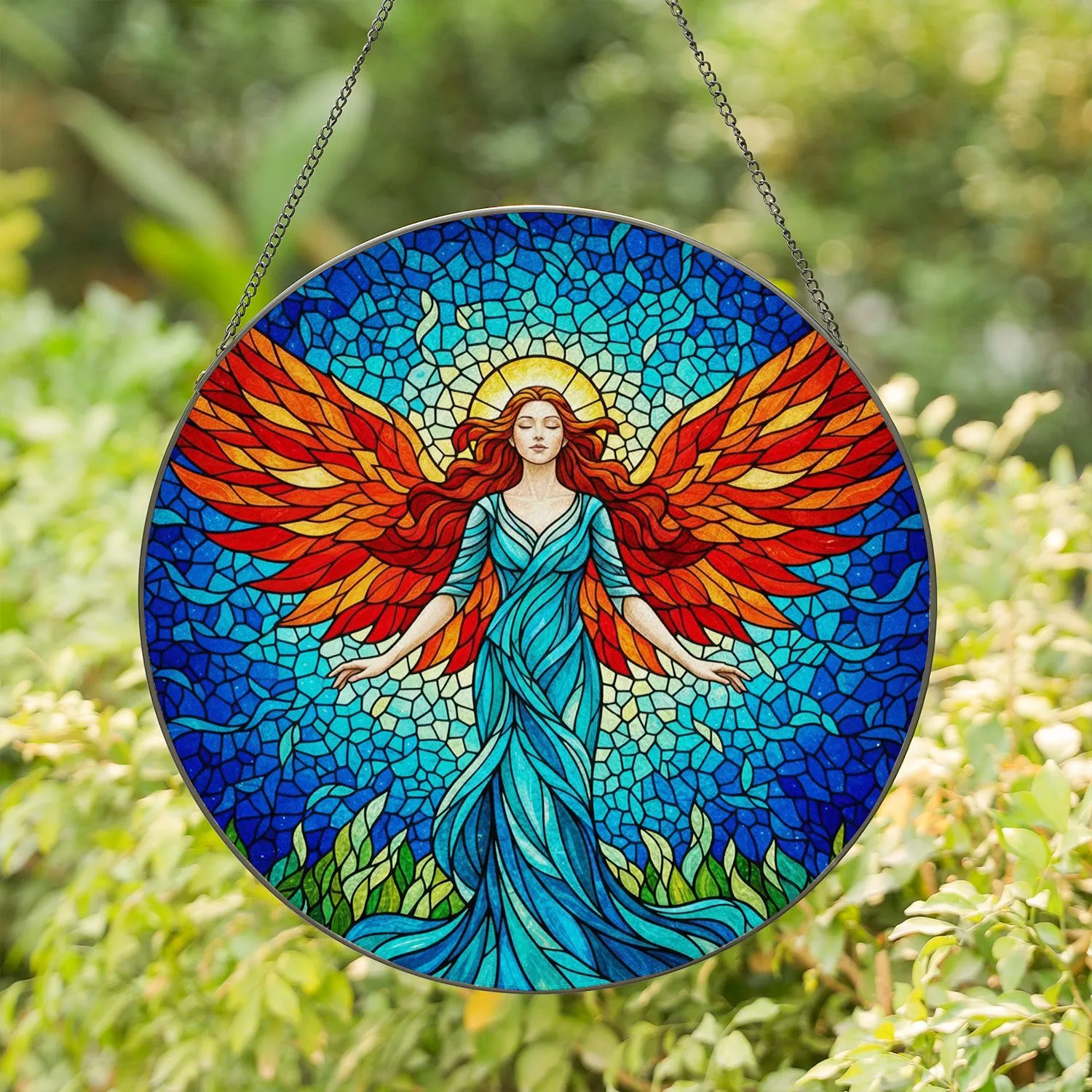 Ethereal Woman Red Wings Golden Halo - Tiffany Style Stained Glass Cosmic Mosaic Jewel Tone Stained Glass Suncatcher - 1