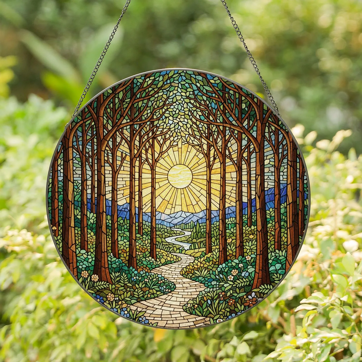 Radiant Sun Forest Path Stained Glass Intricate Trees Artwork - Tiffany Glass Jewel Tones Gift Stained Glass Suncatcher - 1