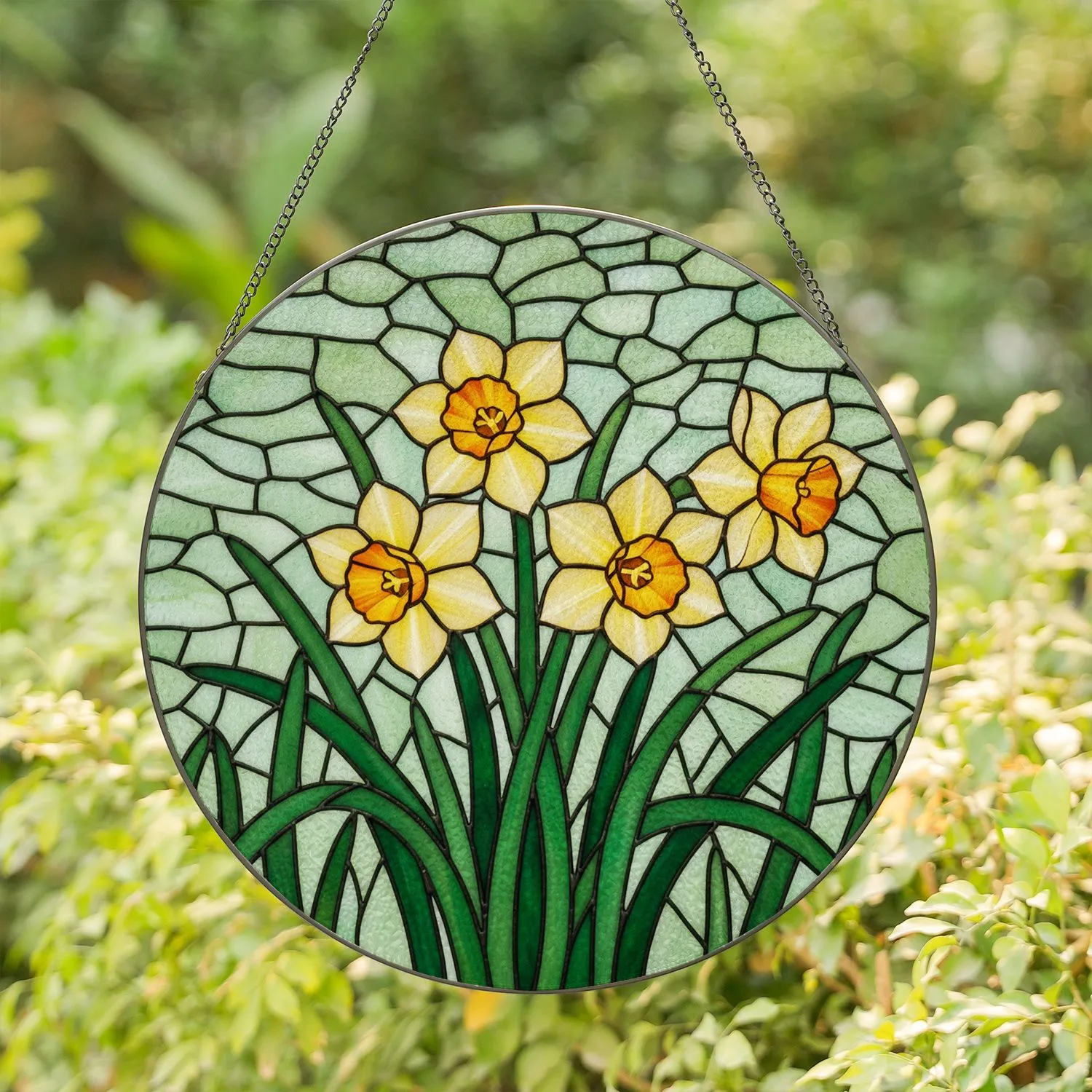 Tiffany Stained Glass Daffodil Cluster - Yellow Orange Green Petals & Leaves Art Gift Stained Glass Suncatcher - 1