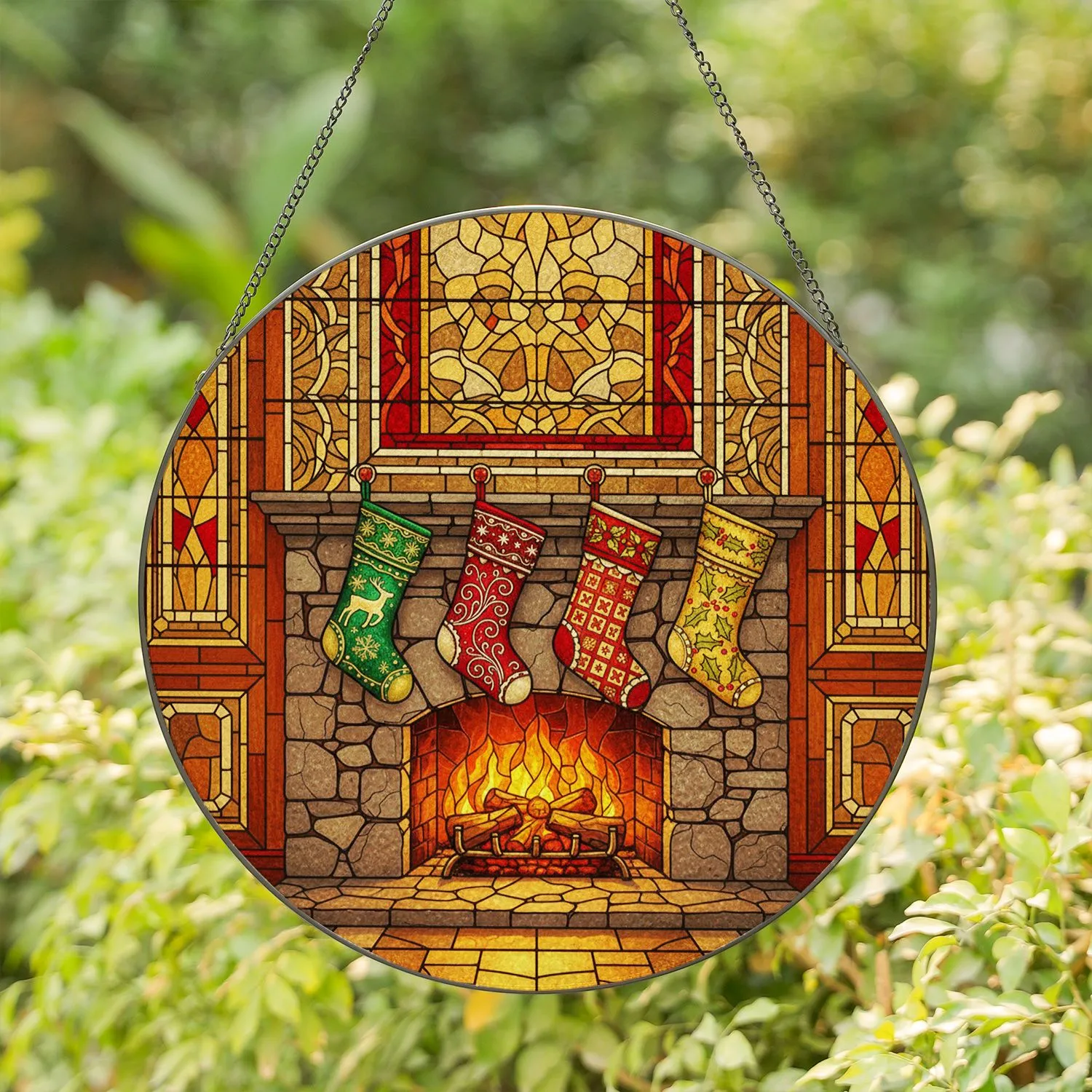 Tiffany Style Stained Glass Fireplace Christmas Stockings - Jewel Tone Holiday Decor Gift Stained Glass Suncatcher - 1