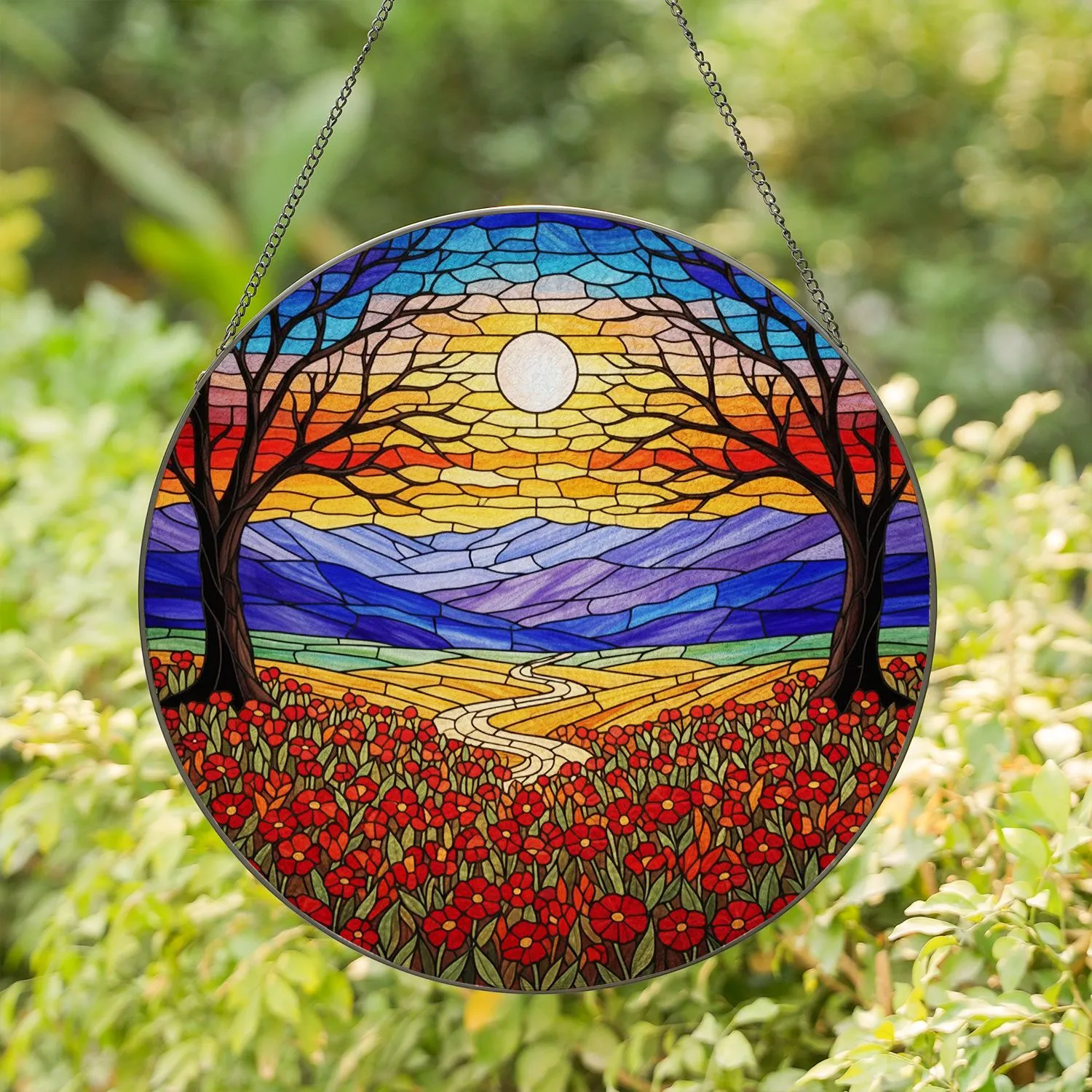 Luminous Full Moon Tiffany Stained Glass Bare Trees Wildflower Mountain Landscape Stained Glass Suncatcher - 1