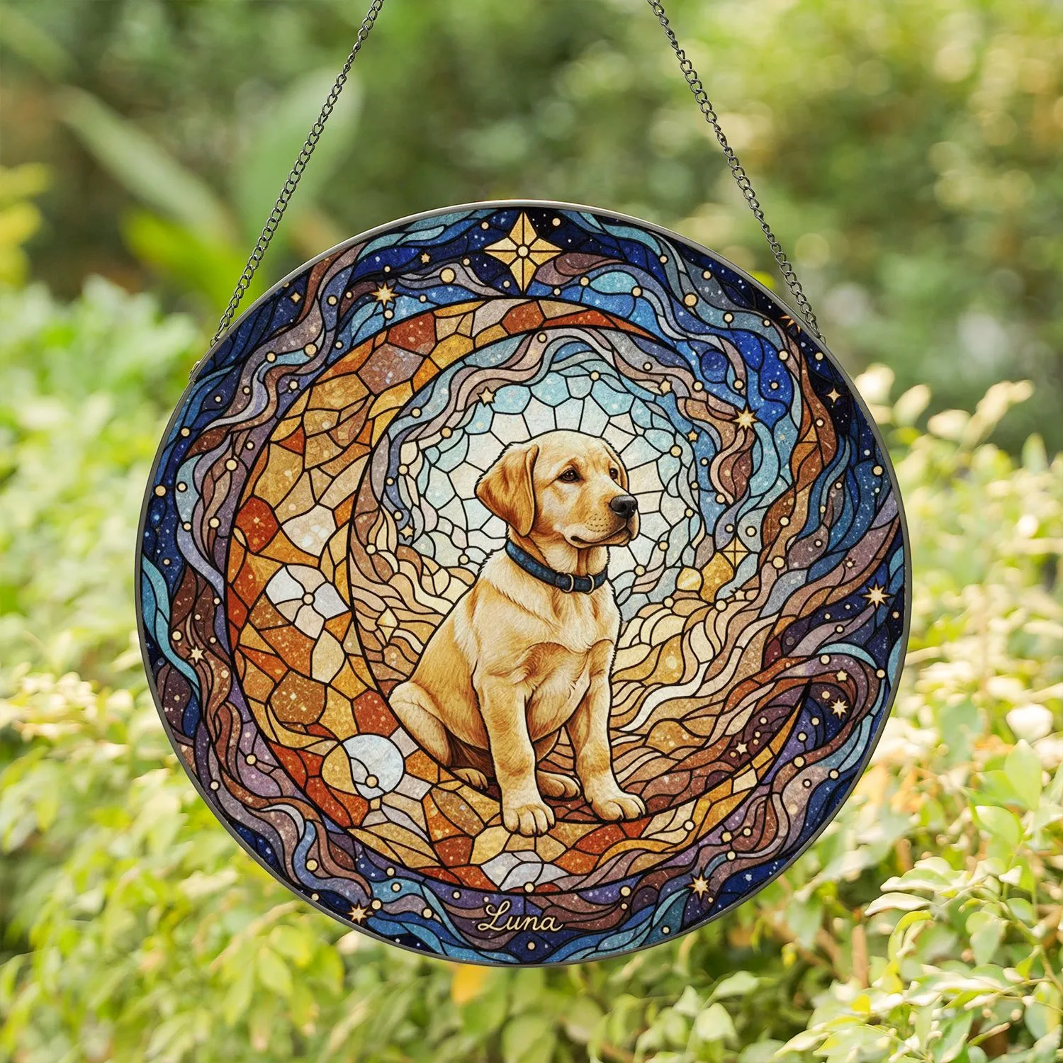 Golden Labrador Puppy Stained Glass Crescent Moon Luna - Celestial Mosaic Tiffany Style Gift Stained Glass Suncatcher - 1