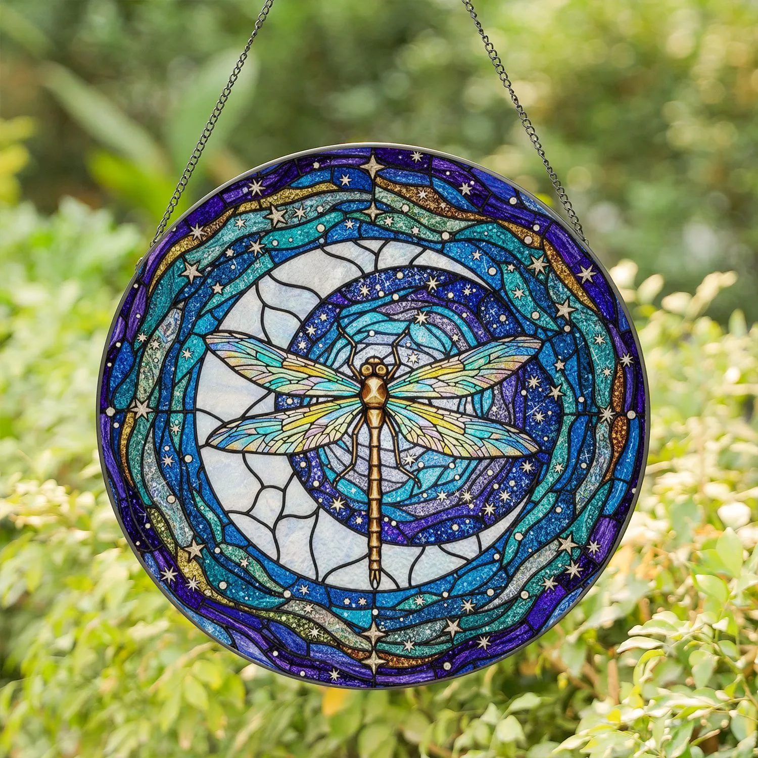 Iridescent Dragonfly Crescent Moon Starry Night Mosaic - Tiffany Glass Home Decor Stained Glass Suncatcher - 1