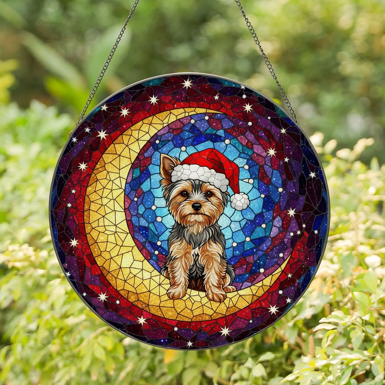 Yorkshire Terrier Santa Hat Moon Celestial Stained Glass - Christmas Holiday Gift for Dog Lovers Stained Glass Suncatcher - 1