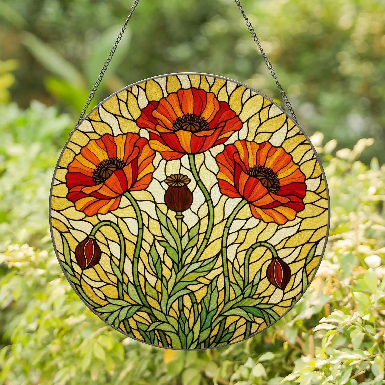 Vibrant Poppy Flowers Stained Glass Mosaic Art Jewel Tones Golden Amber Cream Fields Stained Glass Suncatcher - 1
