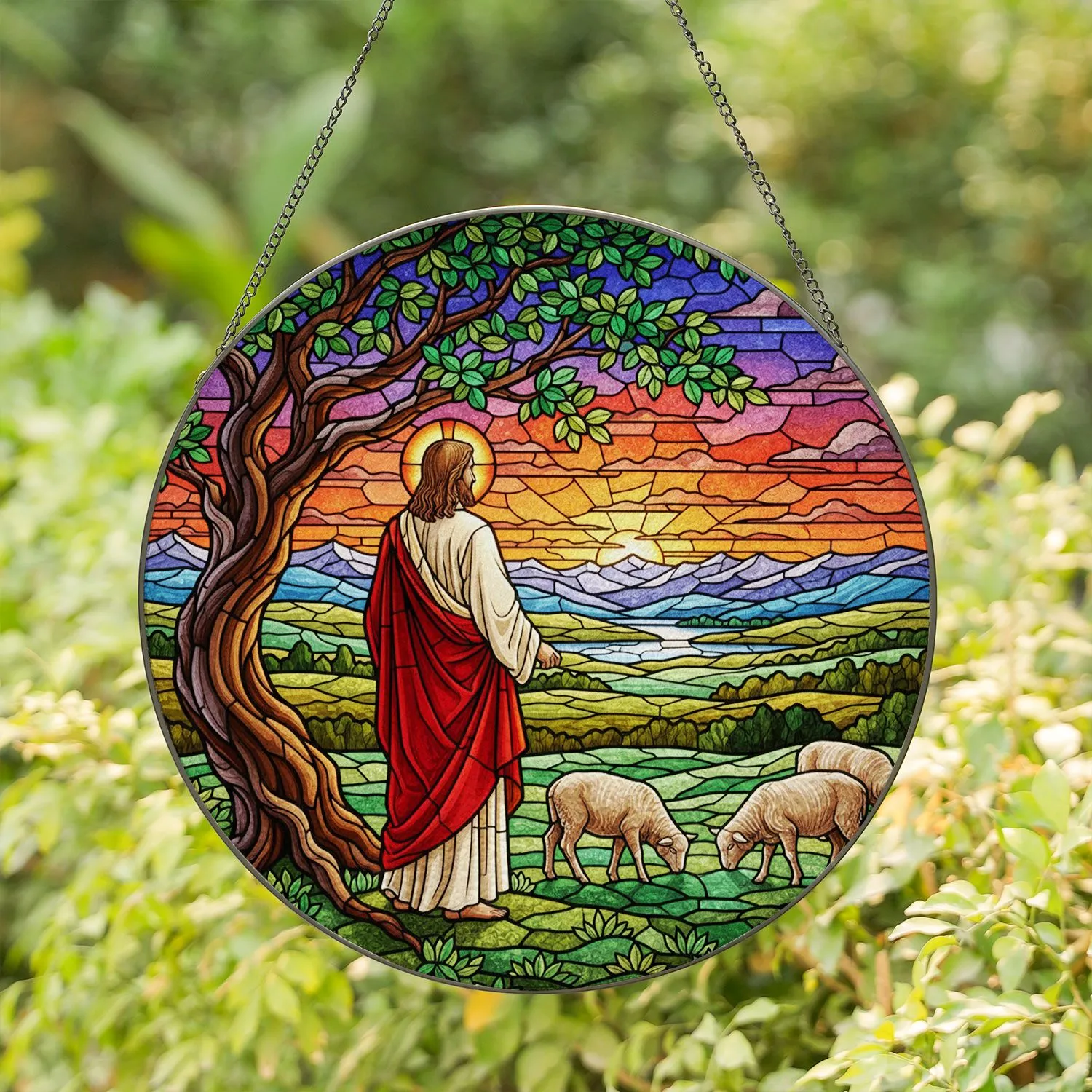 Stained Glass Jesus Sunset Landscape - Tiffany Style Religious Nature Contemplation Decor Stained Glass Suncatcher - 1