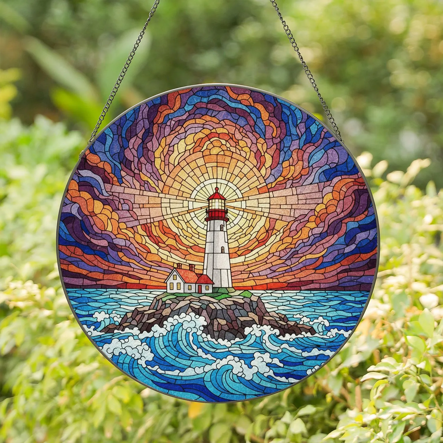 Lighthouse Glowing Beacon Ocean Waves - Tiffany Style Jewel Tone Stained Glass Stained Glass Suncatcher - 1