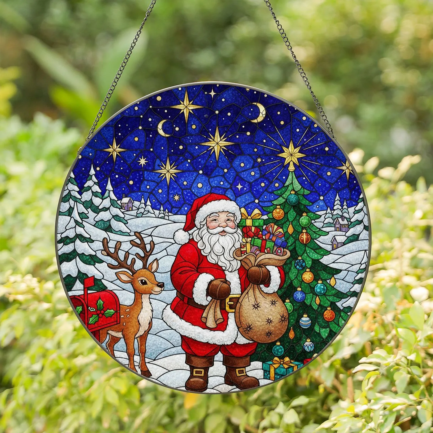 Santa Claus Christmas Tree Reindeer Presents Mailbox Stained Glass - Holiday Christmas Gift Stained Glass Suncatcher - 1