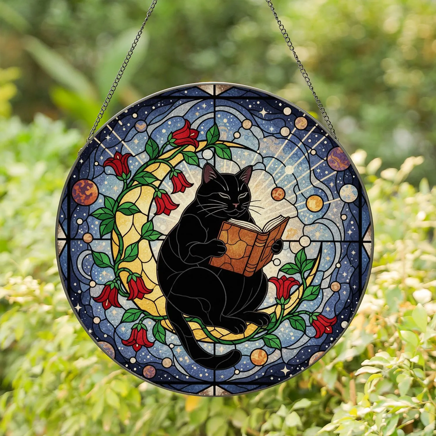 Black Cat Reading Book on Crescent Moon with Red Flowers & Celestial Nebulae Stardust Stained Glass Suncatcher - 1