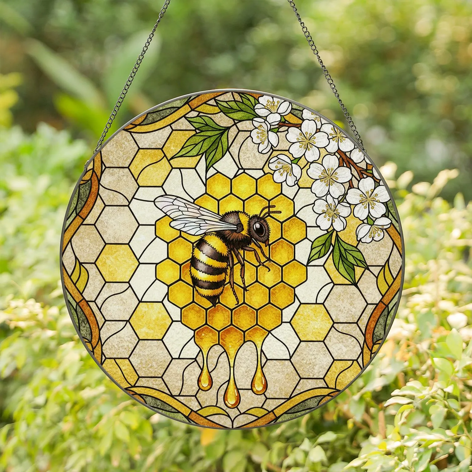 Honeybee Honeycomb Cherry Blossom Tiffany Stained Glass Window Panel Art Decor Gift Stained Glass Suncatcher - 1