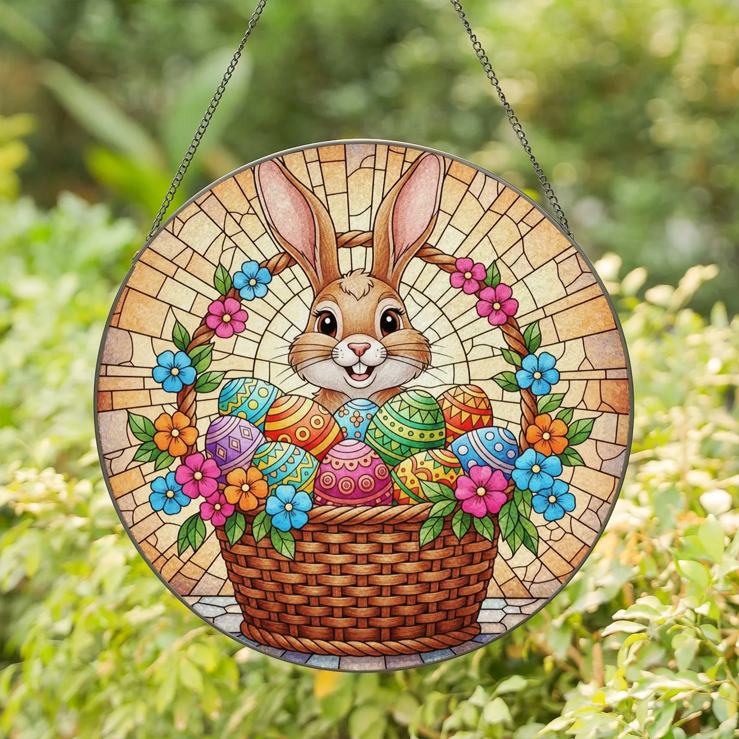 Jewel Tone Stained Glass Easter Bunny Basket with Eggs & Flowers - Spring Decor Stained Glass Suncatcher - 1