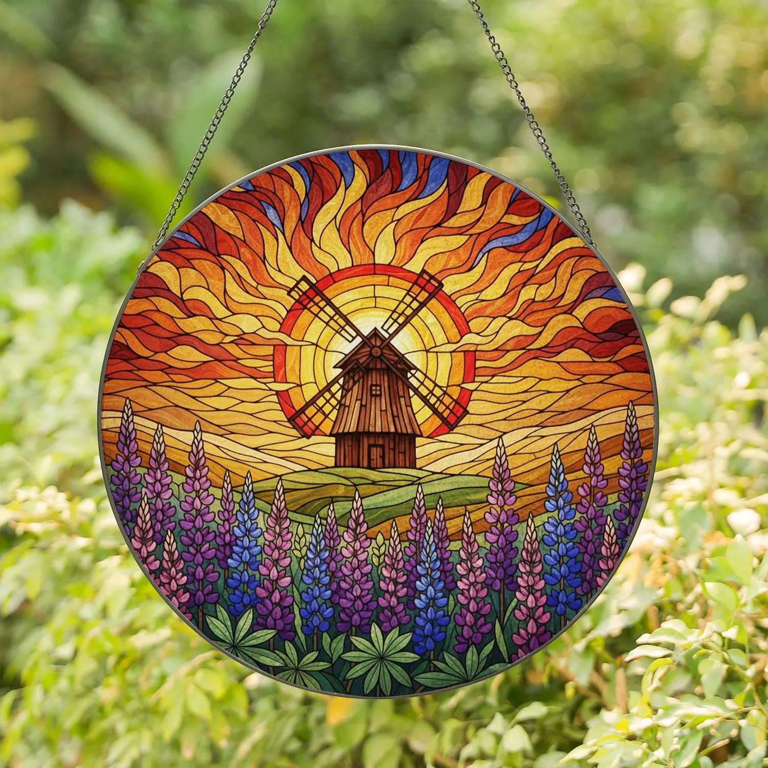 Rustic Windmill Sunset Stained Glass Art - Tiffany Style Lupine Flowers Amber Hills Scene Stained Glass Suncatcher - 1