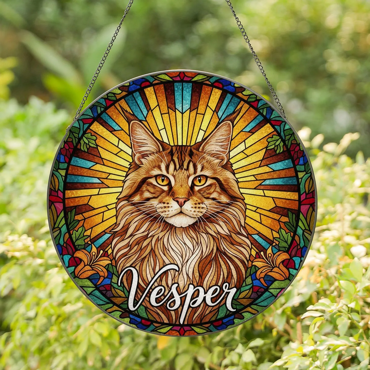 Fluffy Tabby Maine Coon Cat Stained Glass Art, Tiffany Style, Vesper Name & Wreath Stained Glass Suncatcher - 1