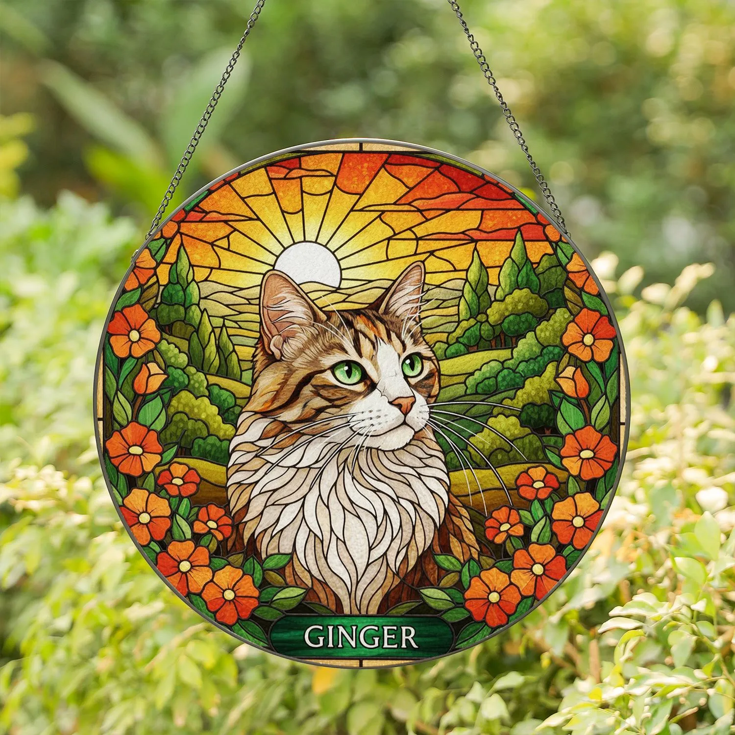 Calico Tabby Cat Portrait Stained Glass - Ginger Nameplate, Wildflower Sunset Mosaic Stained Glass Suncatcher - 1