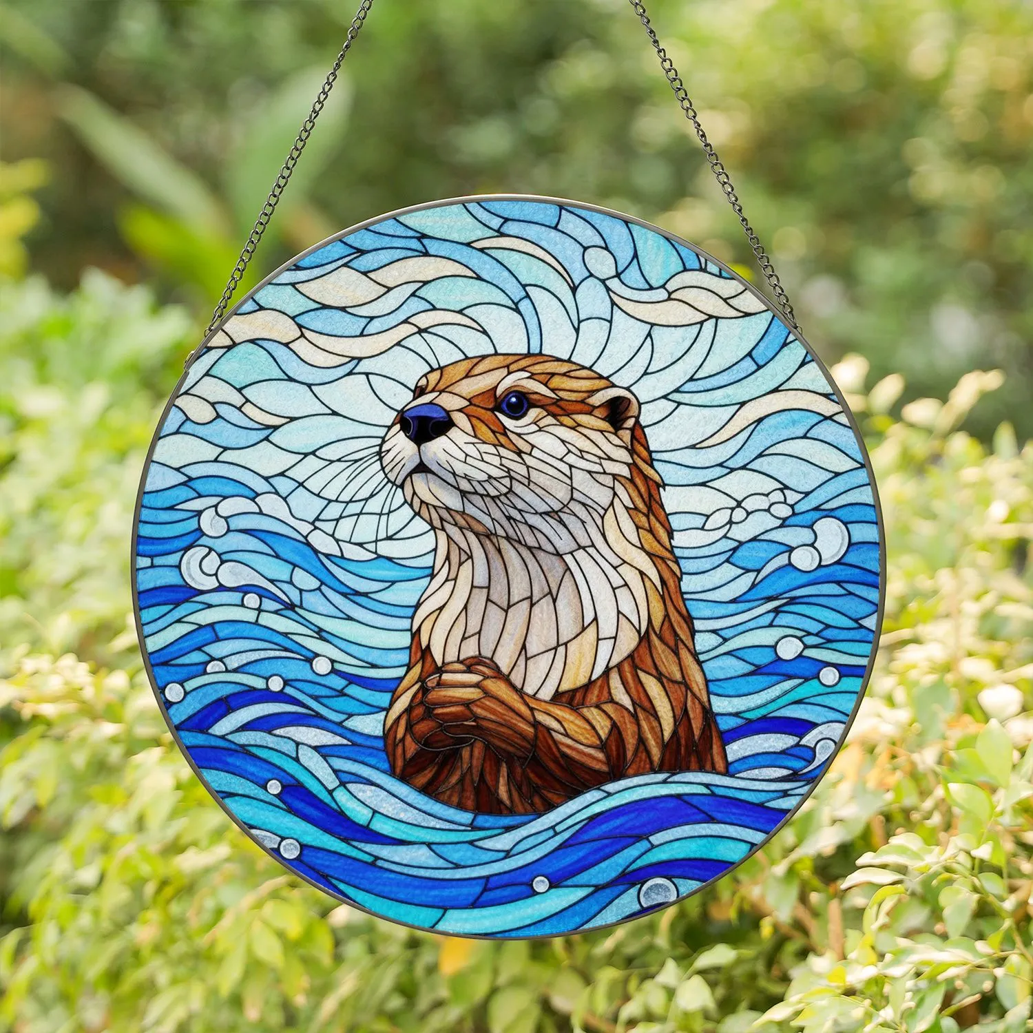 Vigilant Otter Tiffany Stained Glass - Jewel Tone Water Sky Detailed Fur Decor Stained Glass Suncatcher - 1