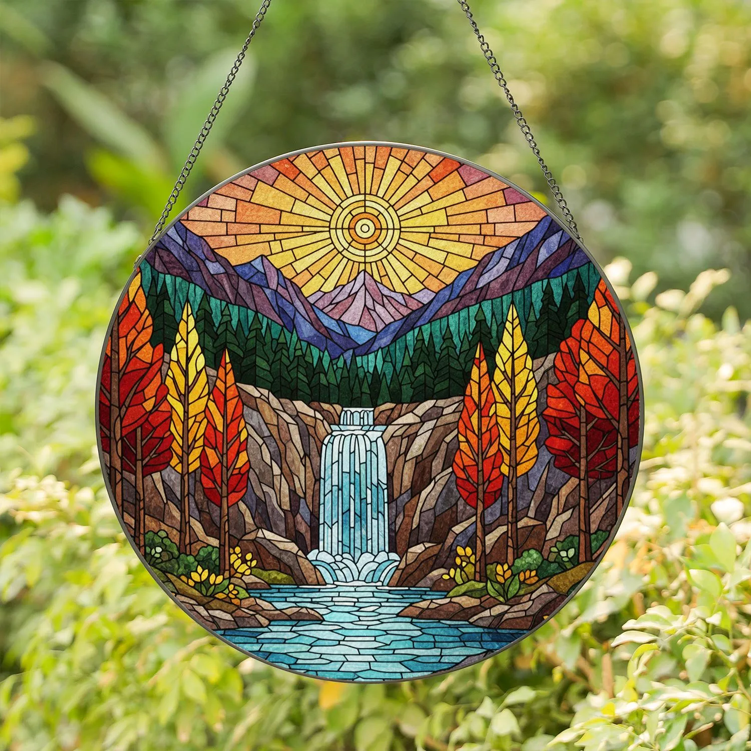 Orange Yellow Autumn Trees Waterfall River - Mountain Sun Tiffany Glass Decor Stained Glass Suncatcher - 1