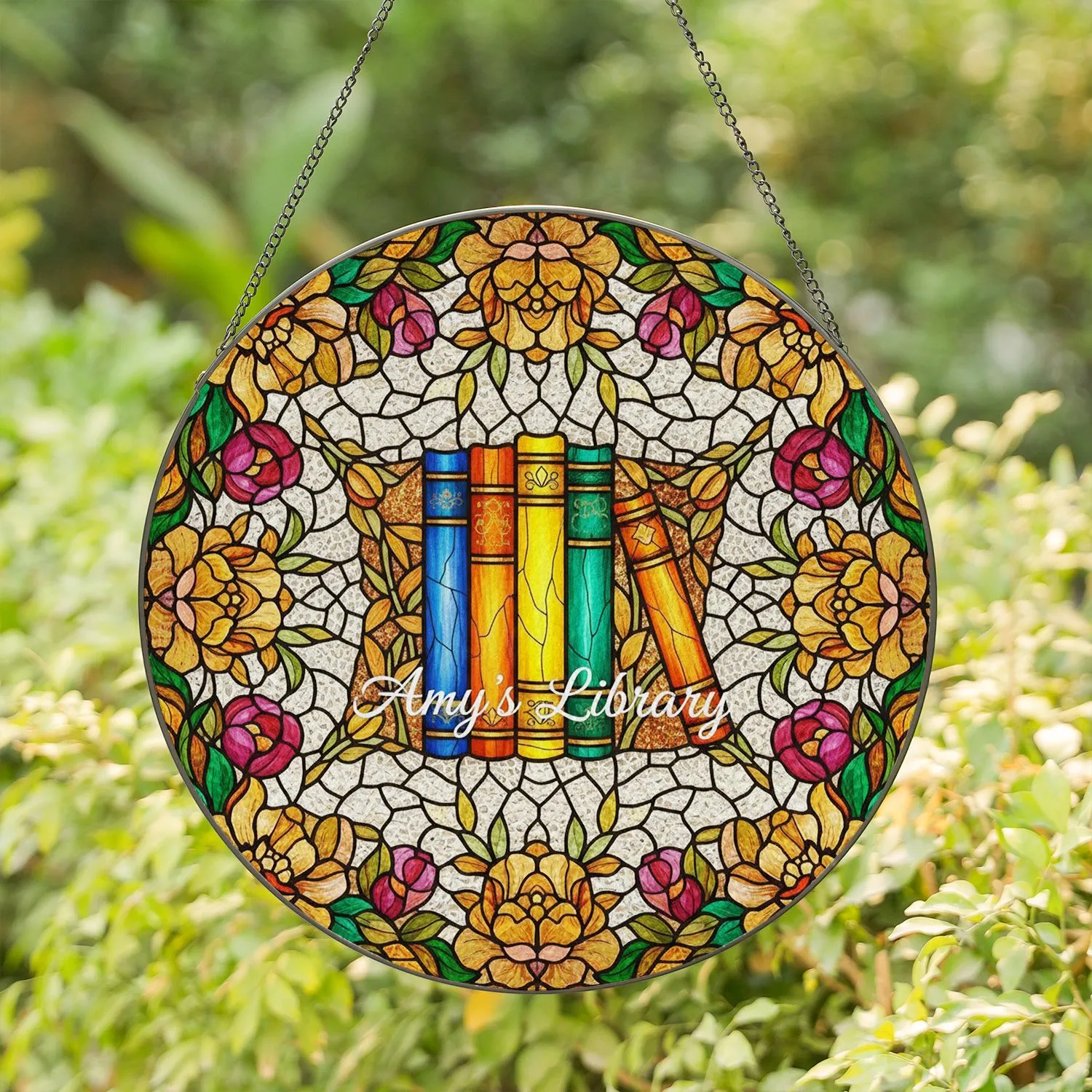 Amy's Library Books & Floral Stained Glass - Tiffany Style Book Lover Home Decor Gift Stained Glass Suncatcher - 1