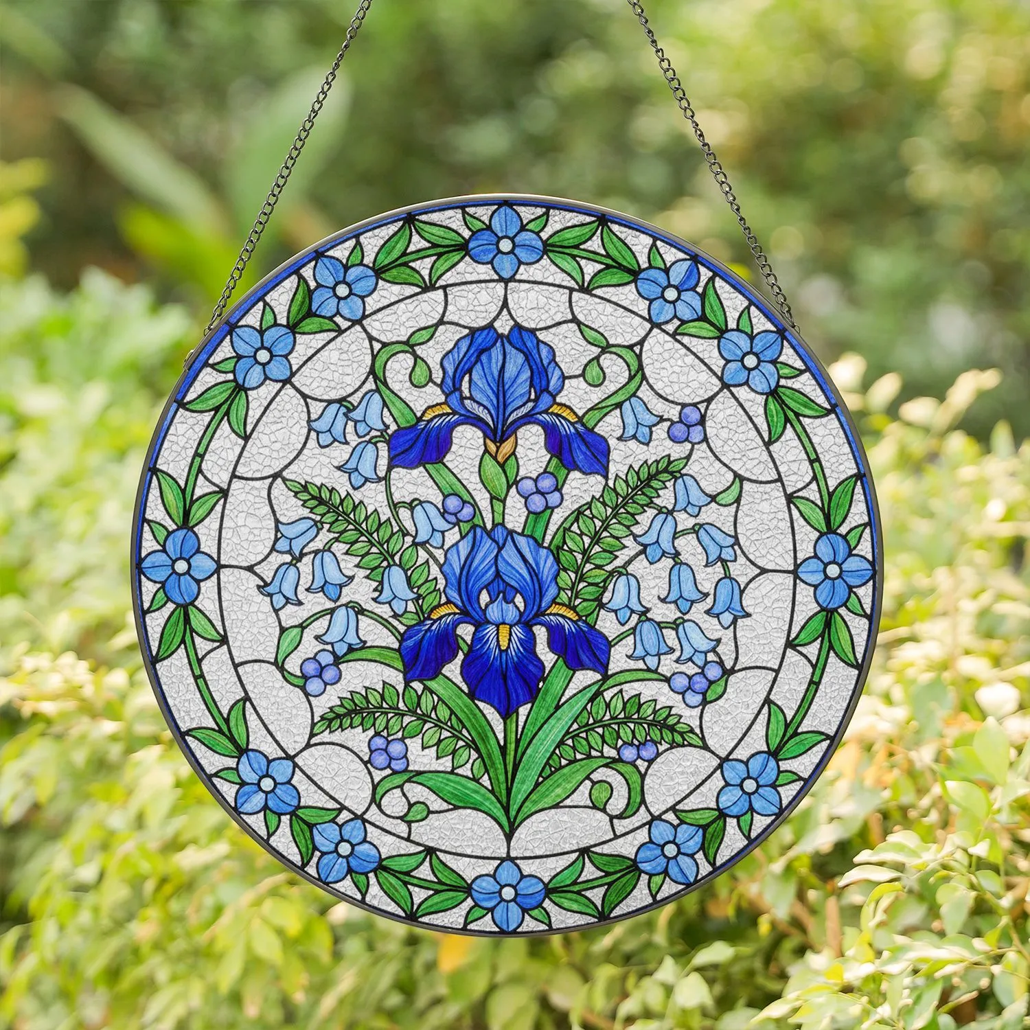 Blue Floral Stained Glass Mosaic Suncatcher with Indigo Iris & Bellflower Jewel Tones Stained Glass Suncatcher - 1