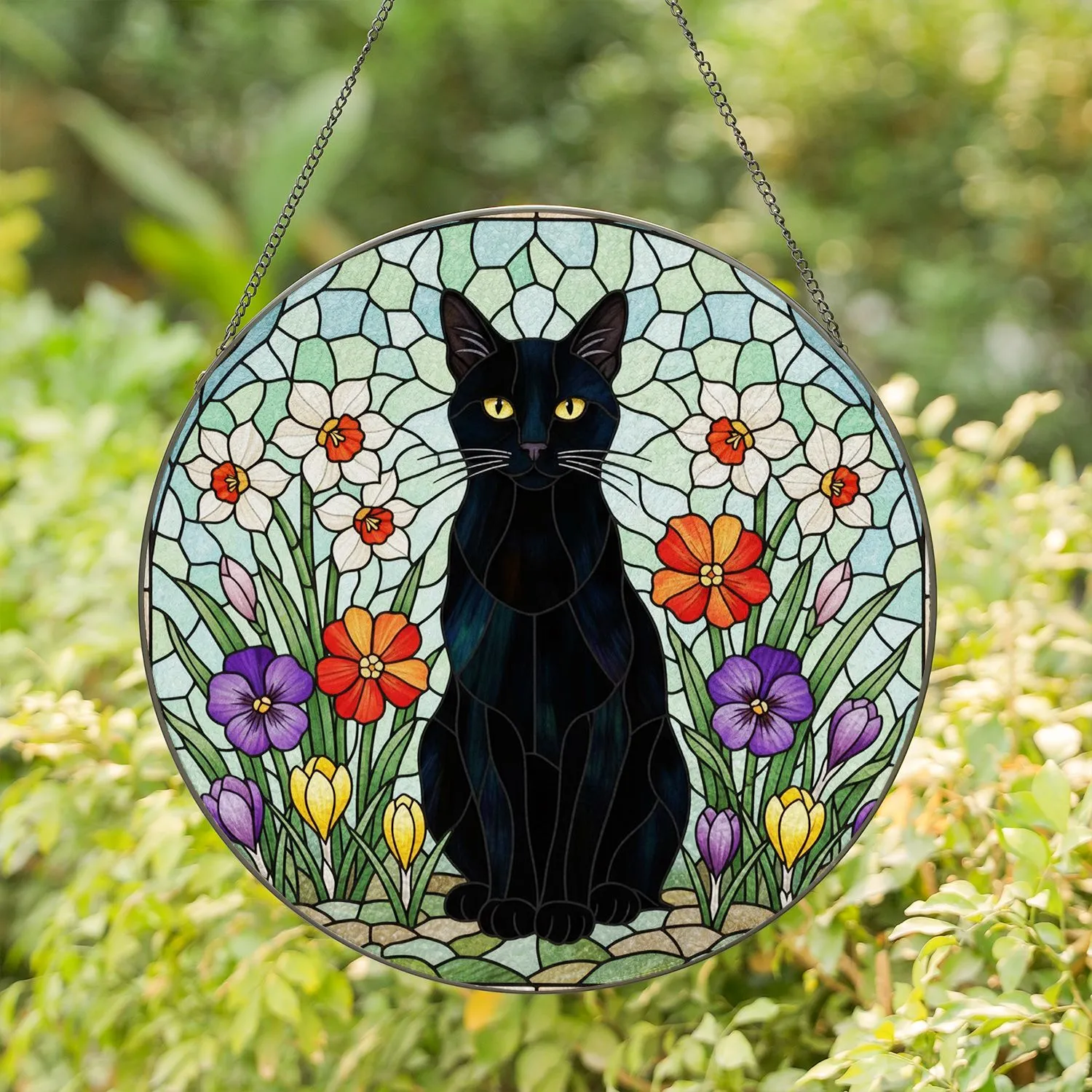 Black Cat Yellow Eyes Spring Flowers Stained Glass Tiffany Mosaic Art - Cat Lover Gift Stained Glass Suncatcher - 1