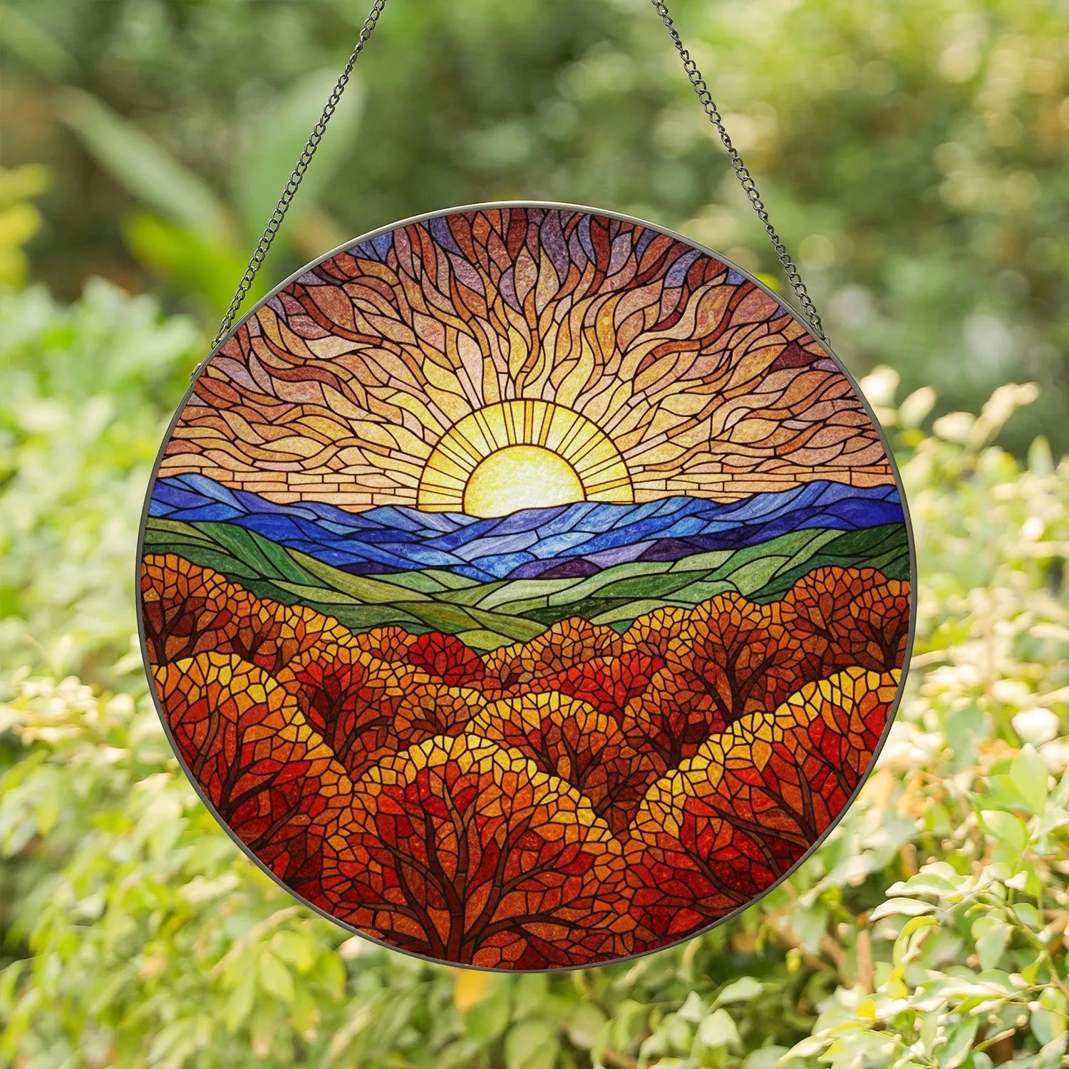Radiant Sun Stained Glass, Autumn Trees, Mountain Mosaic, Colorful Window Decor Stained Glass Suncatcher - 1