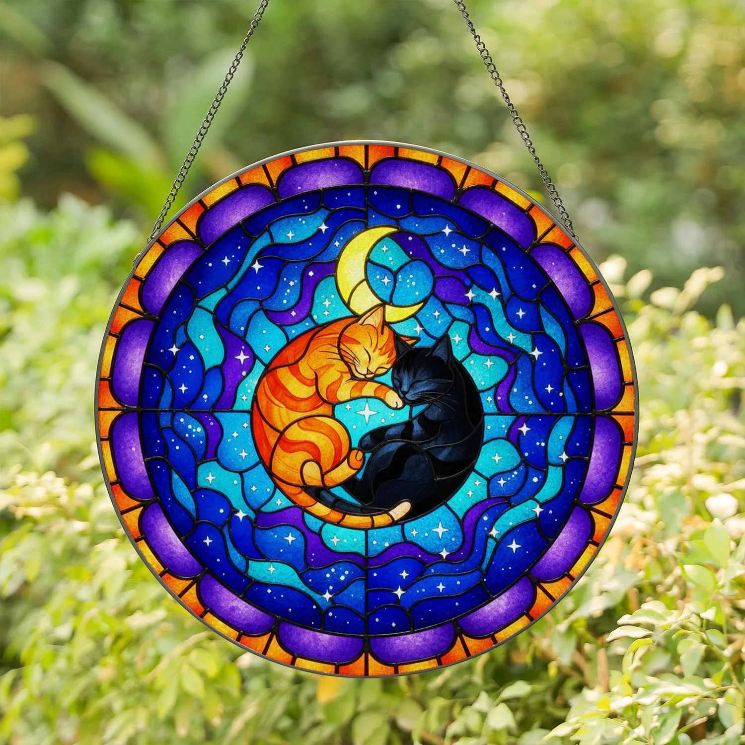 Ginger Tabby Black Cat Yin Yang Sleeping Moon Stars Cosmic Celestial Night Sky Stained Glass Suncatcher - 1