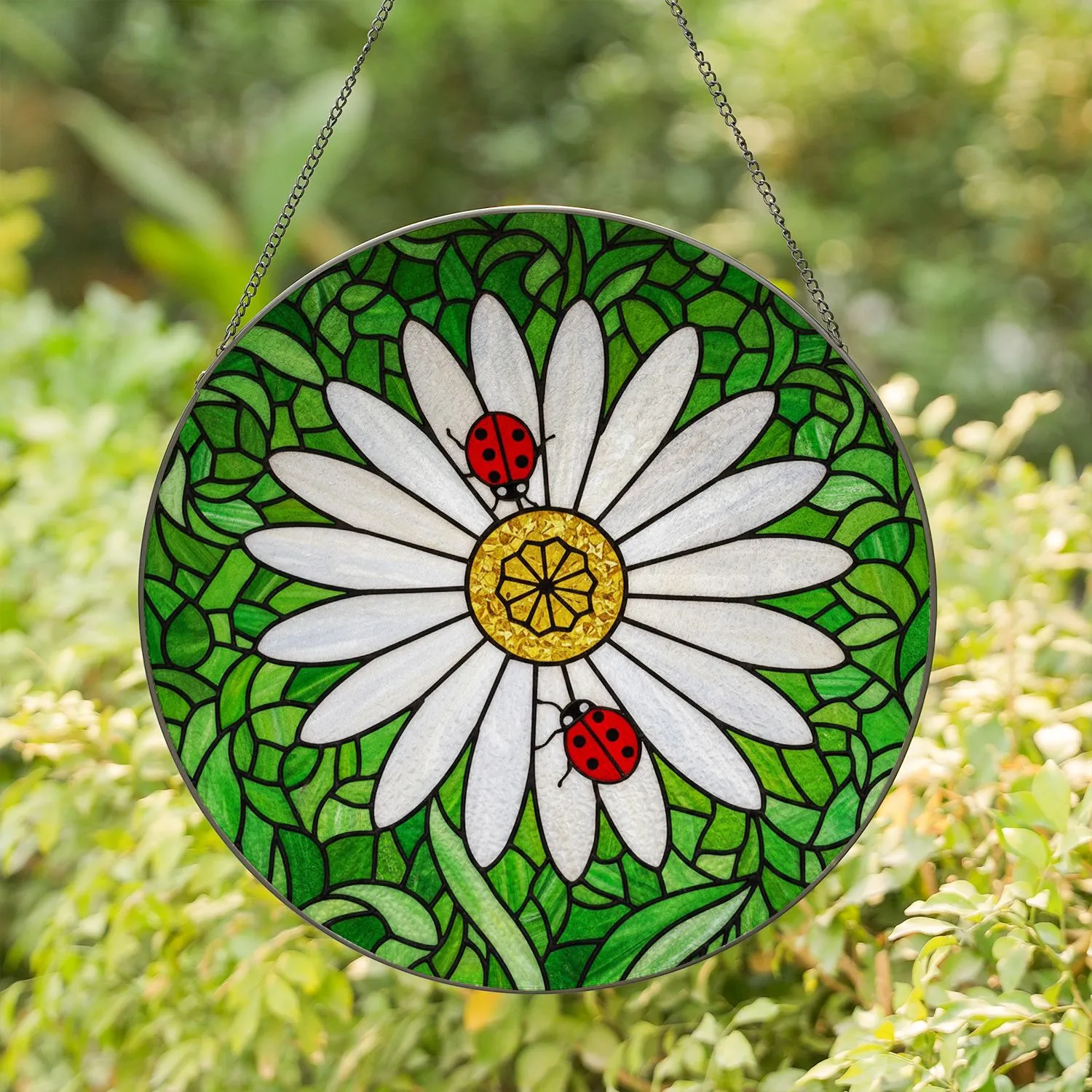 White Daisy Flower Ladybug Tiffany Stained Glass Green Foliage Mosaic Natural Environment Stained Glass Suncatcher - 1