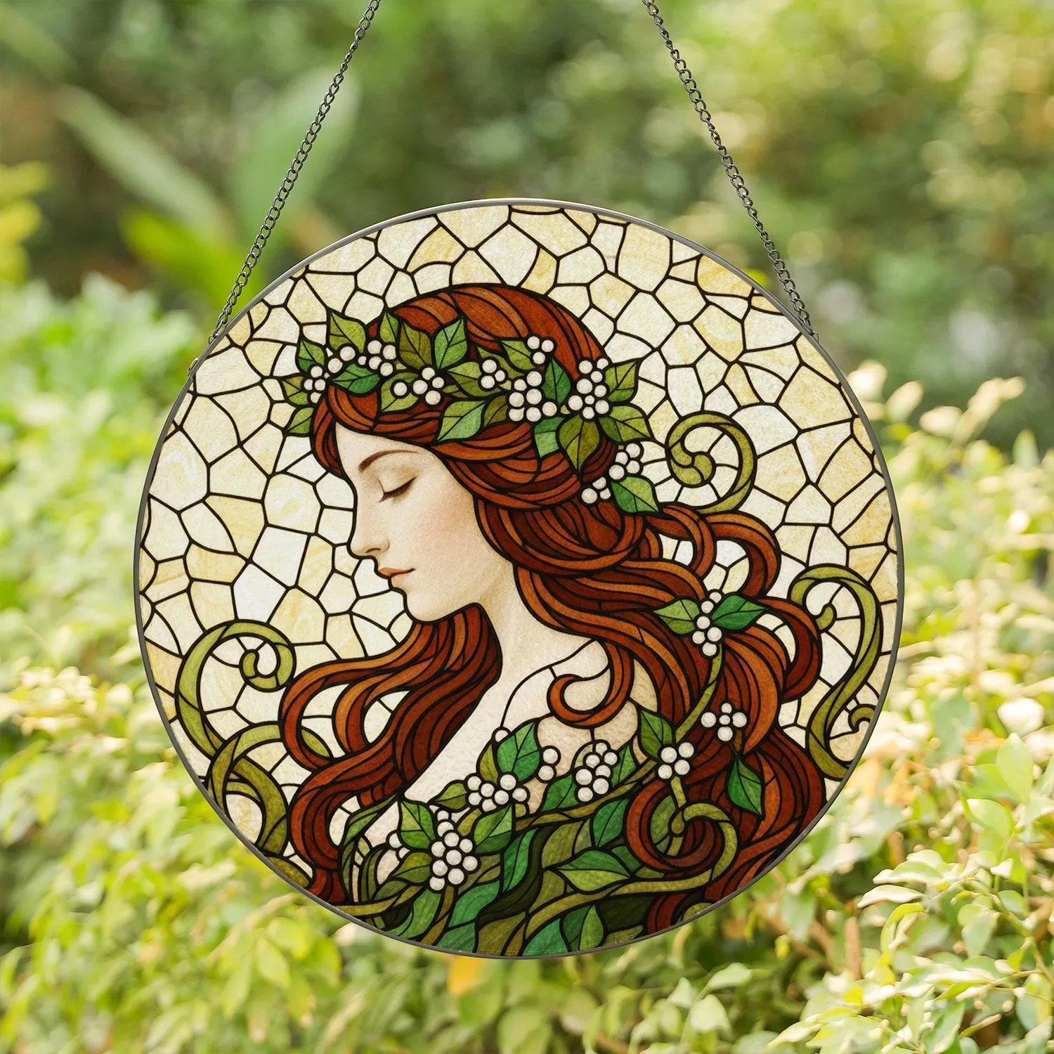 Stained Glass Woman Profile - Auburn Hair Leafy Wreath Foliage Tiffany Style Art Stained Glass Suncatcher - 1