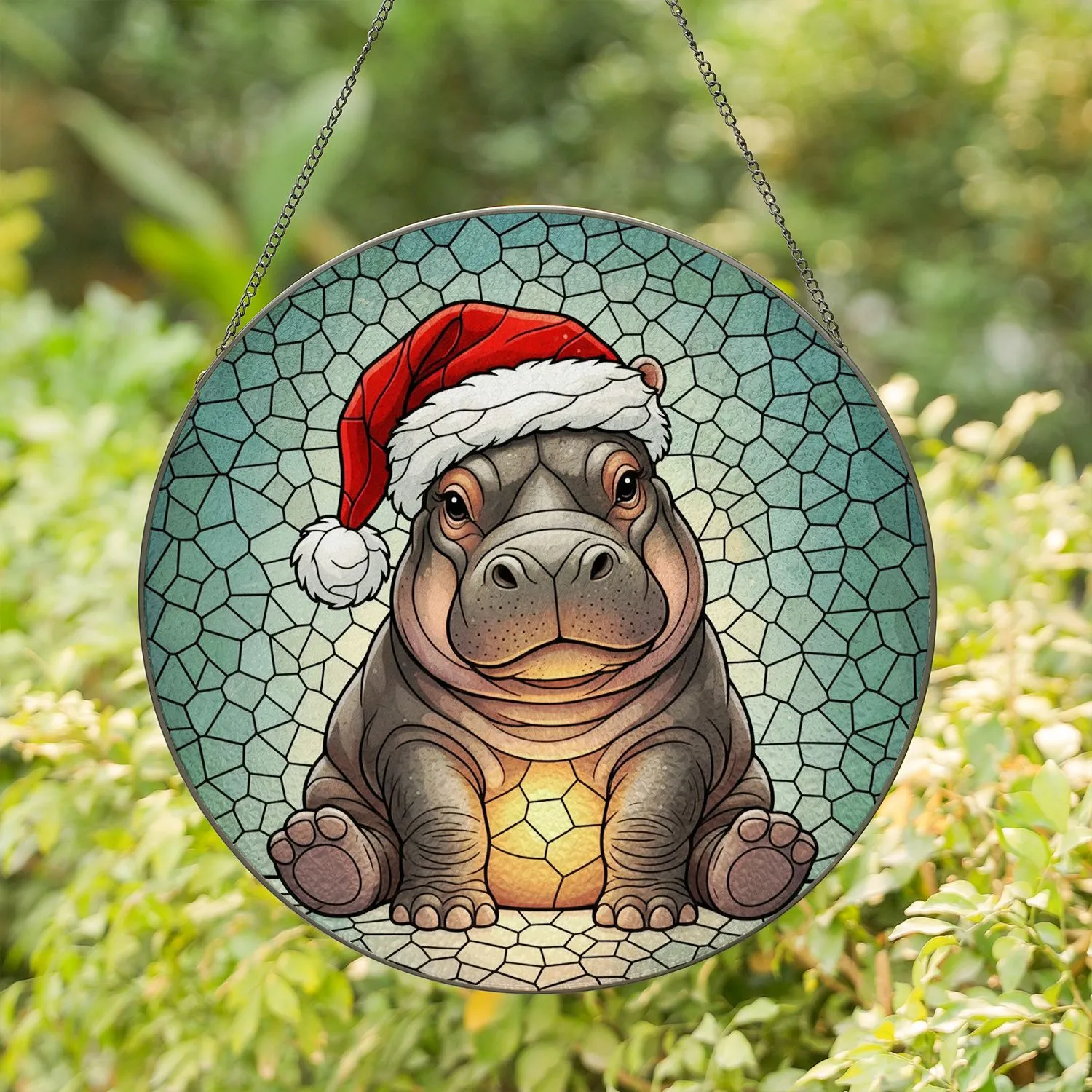 Glowing Baby Hippopotamus Santa Hat Stained Glass - Christmas Holiday Present Animal Art Stained Glass Suncatcher - 1