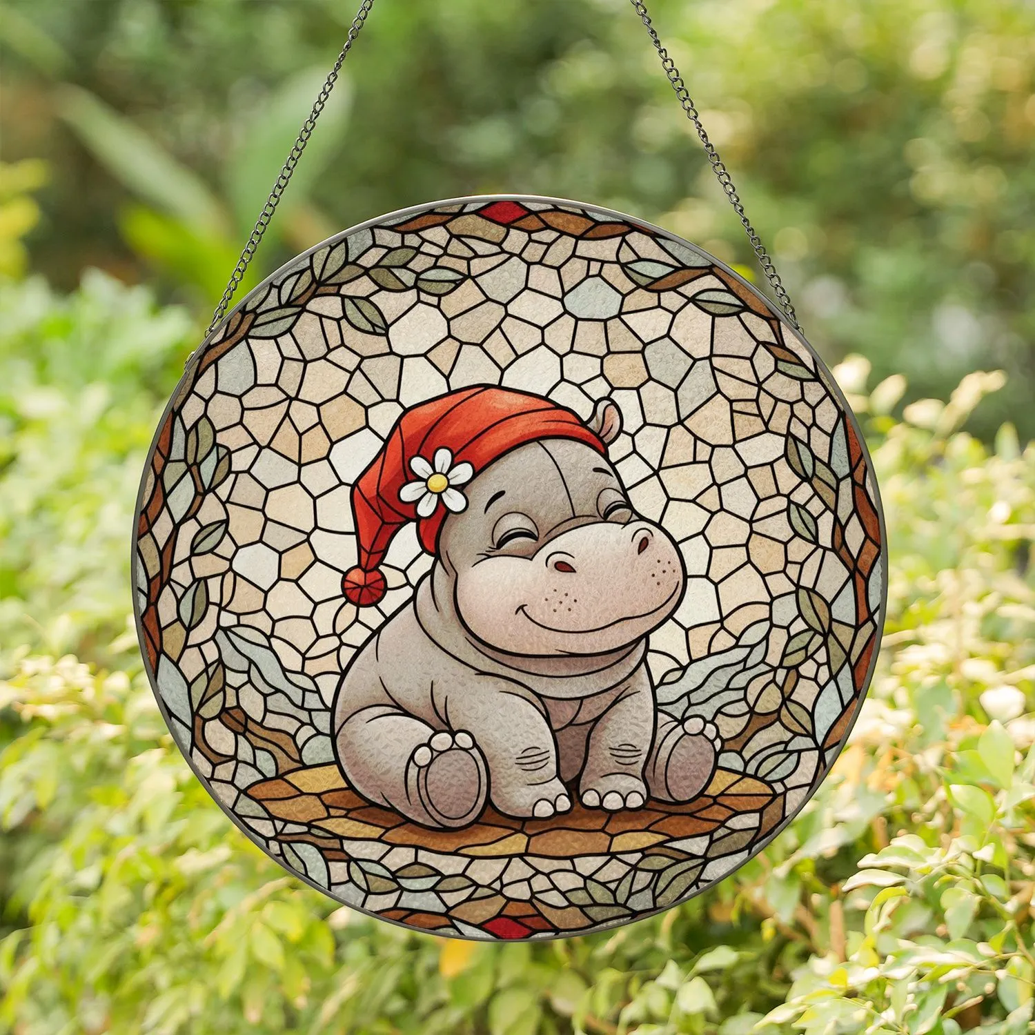 Chubby Baby Hippo Sleeping Cap Daisy Stained Glass Tiffany Style Jewel Tone Mosaic Art Stained Glass Suncatcher - 1