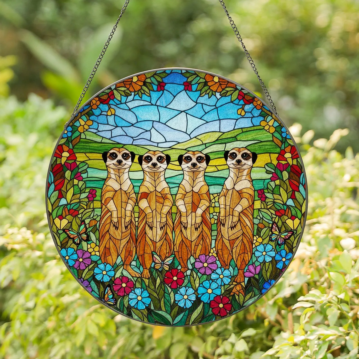 Four Meerkats Stained Glass Art, Wildflowers Butterflies, Stylized Landscape Tiffany Style Stained Glass Suncatcher - 1