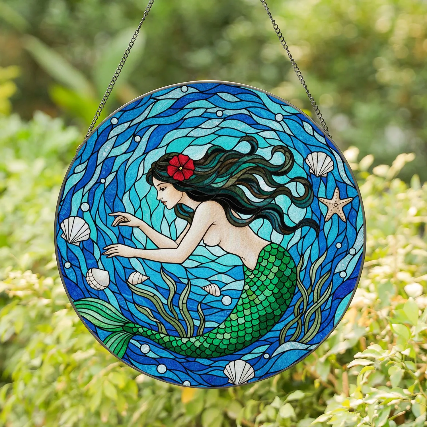 Tiffany Stained Glass Mermaid, Seashells & Starfish, Underwater Aquatic Mosaic Art Stained Glass Suncatcher - 1