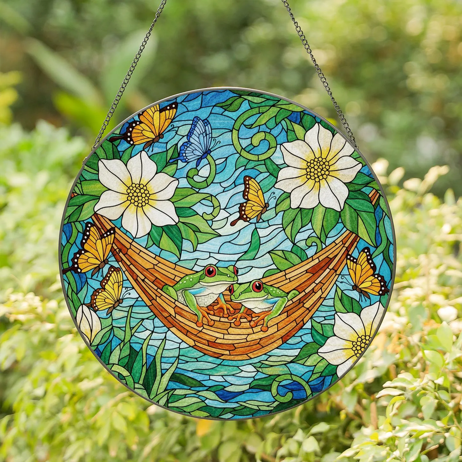 Green Tree Frogs Hammock Butterflies Stained Glass Blossoms - Tiffany Water Mosaic Wildlife Art Stained Glass Suncatcher - 1