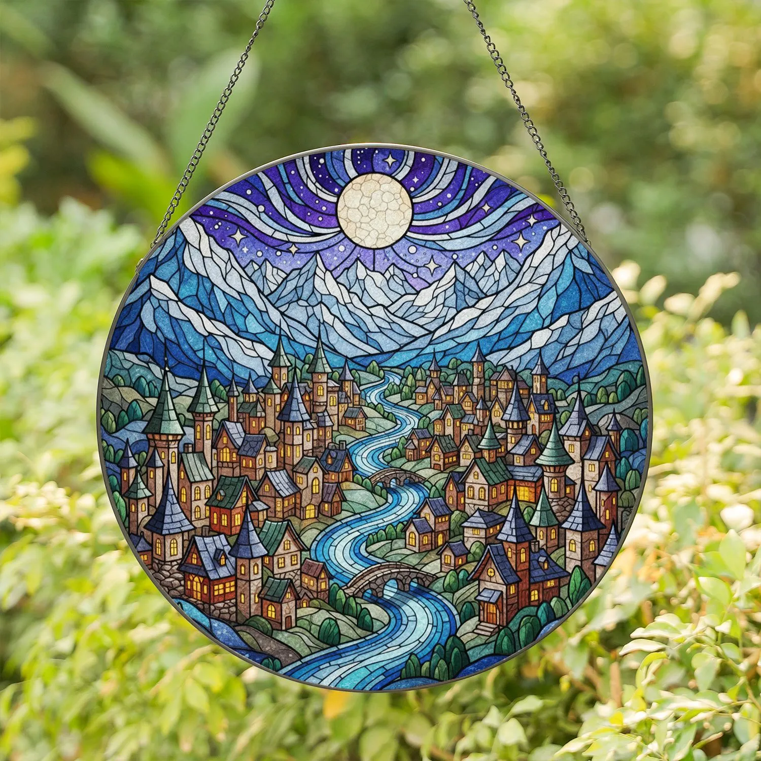 Tiffany Stained Glass Fantasy Village Snow Mountain Starry Night Moon Home Decor Stained Glass Suncatcher - 1