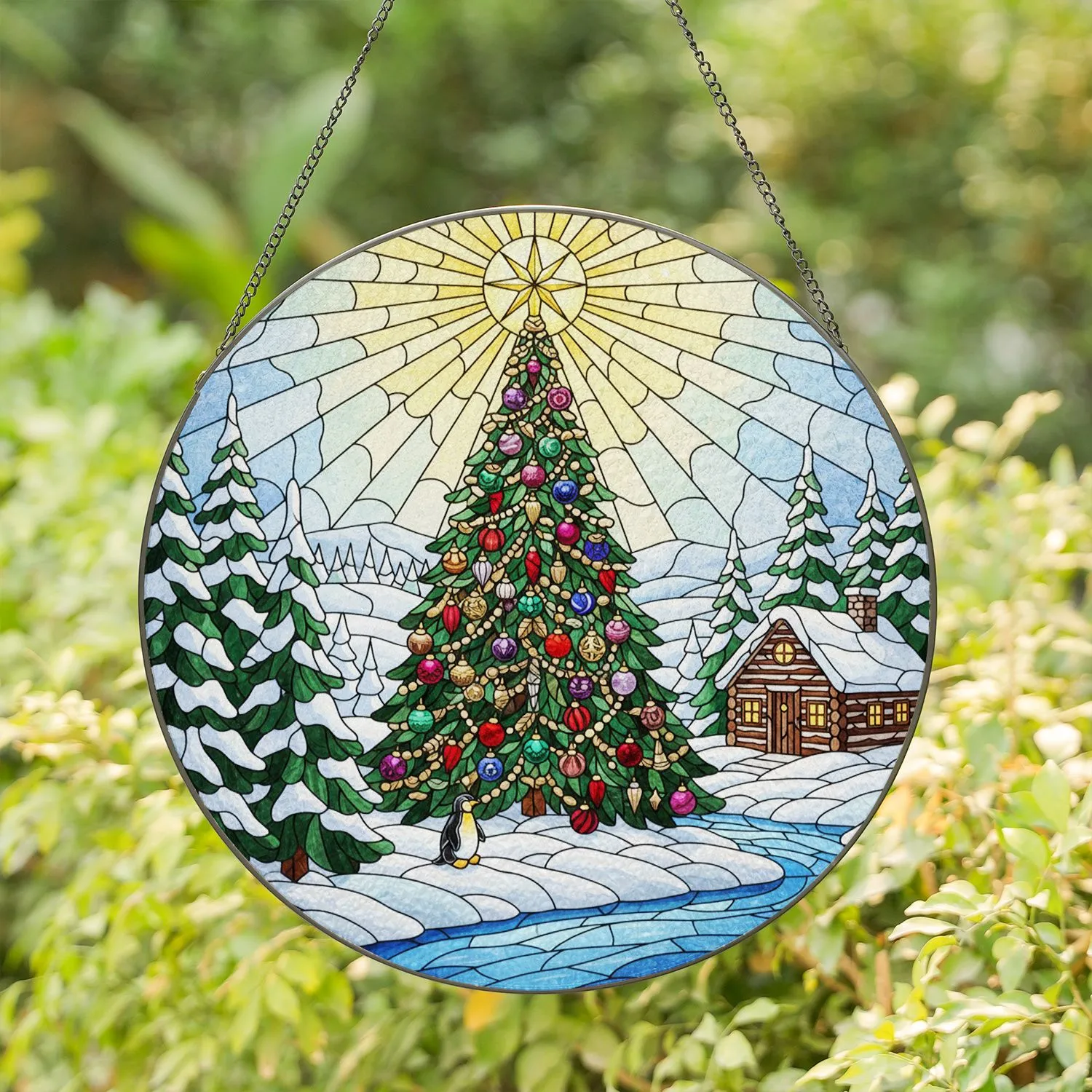 Christmas Tree Ornaments Penguin Snow Cabin Winter Landscape Sun Rays - Festive Holiday Stained Glass Suncatcher - 1