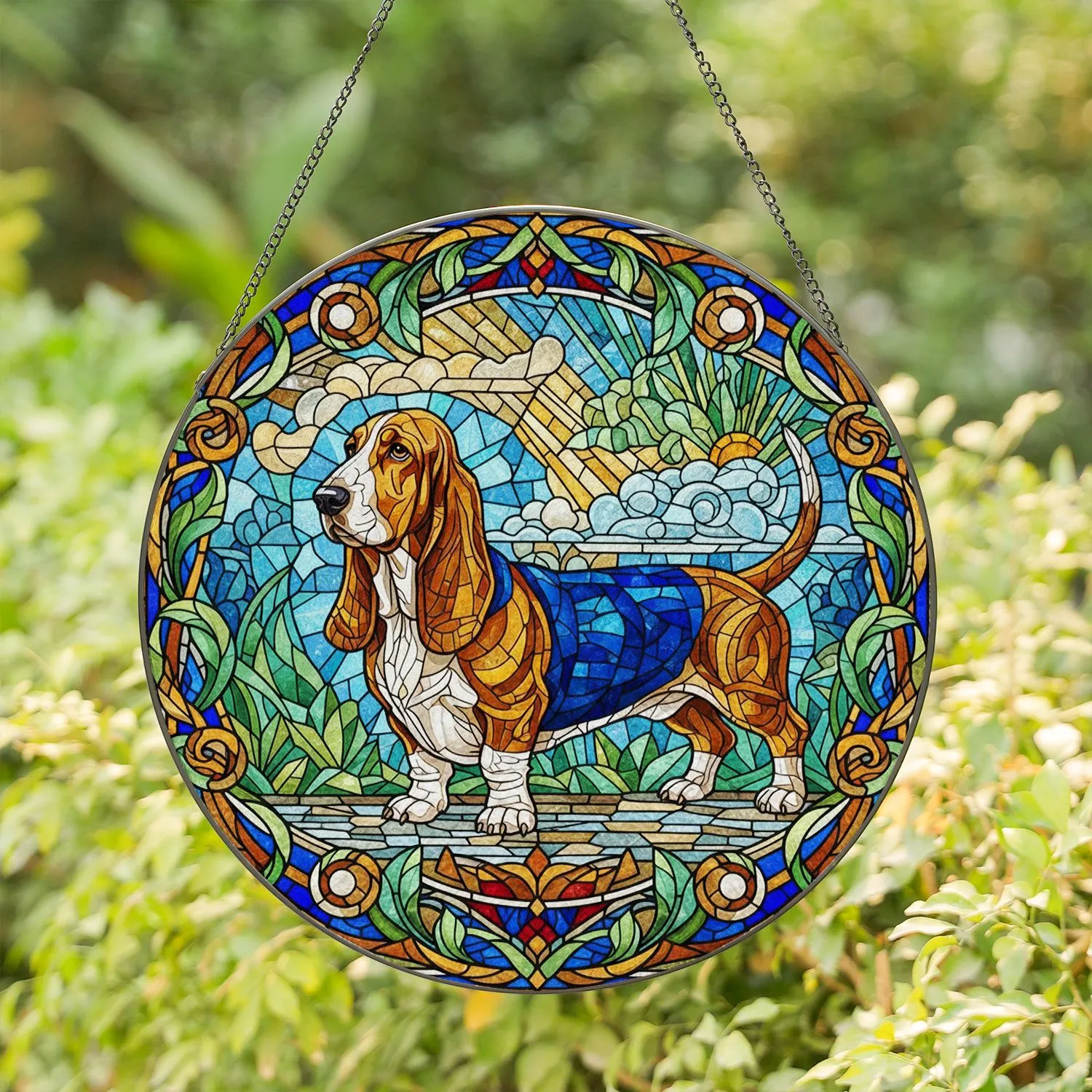 Basset Hound Dog Stained Glass Art - Intricate Tiffany Style Jewel Tone Pet Mosaic Stained Glass Suncatcher - 1