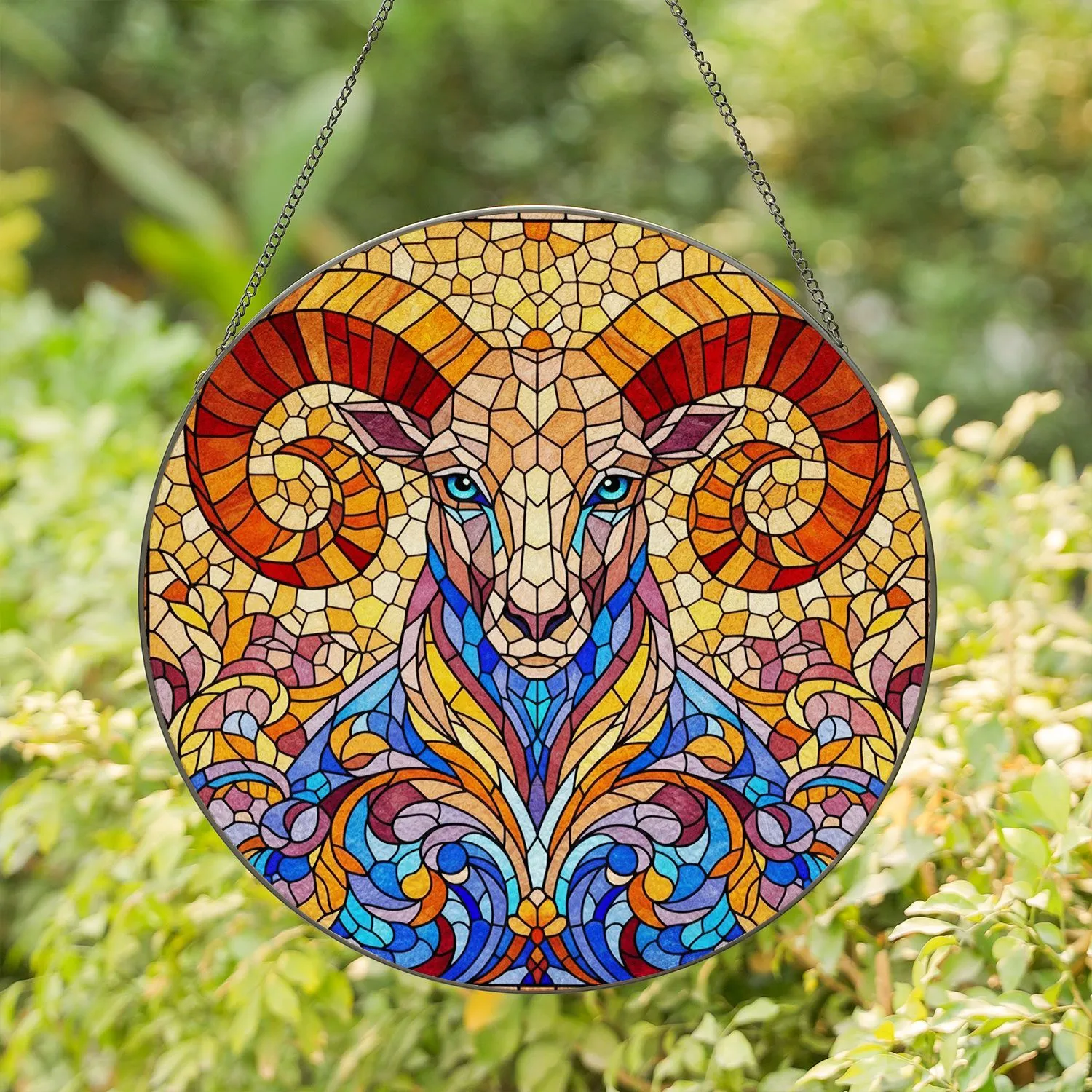 Intricate Ram Head Tiffany Stained Glass Mosaic with Coiled Horns & Floral Patterns Art Stained Glass Suncatcher - 1