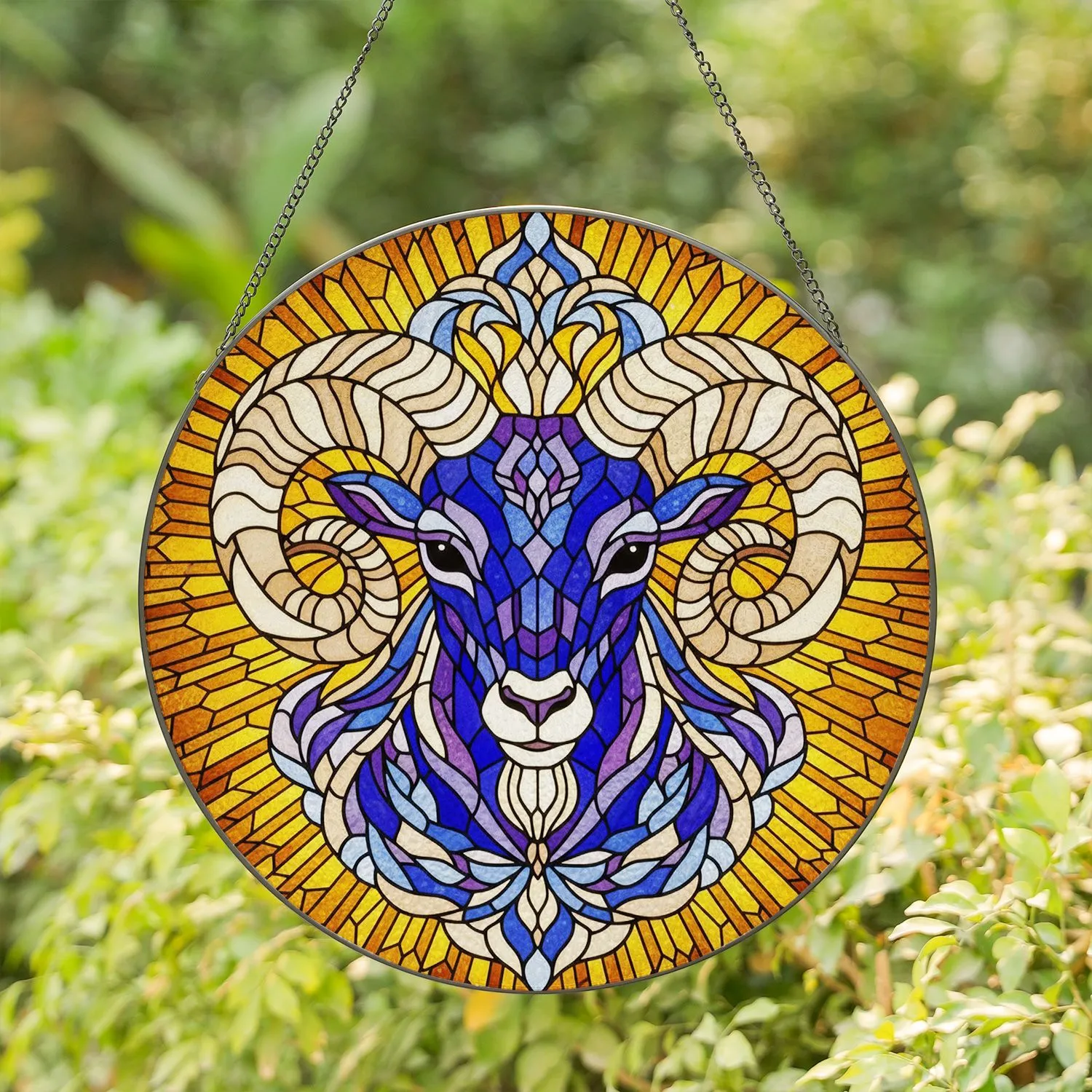 Intricate Ram Head Stained Glass Mosaic Tiffany Art - Curled Horns Blue Purple Gold Stained Glass Suncatcher - 1