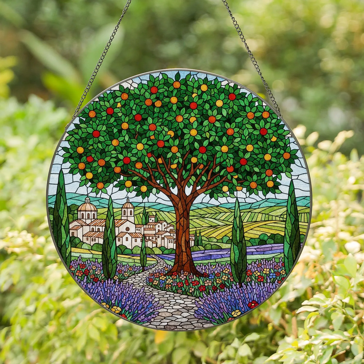 Jewel Tone Stained Glass Fruit Tree - Tuscan Village Cypress Hills Mediterranean Art Stained Glass Suncatcher - 1