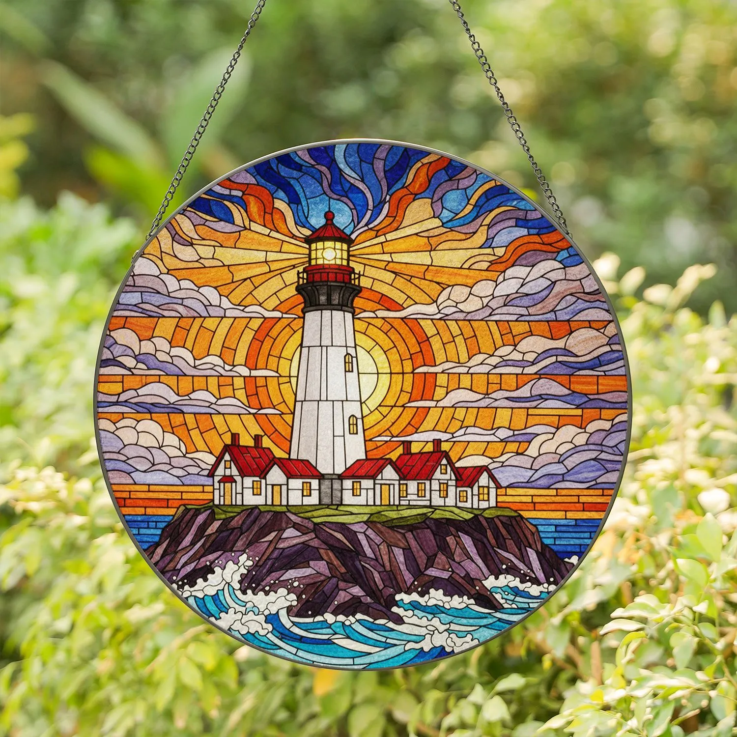 Stained Glass Lighthouse Sunset Ocean Waves - Rocky Cliff Nautical Coastal Home Decor Gift Stained Glass Suncatcher - 1