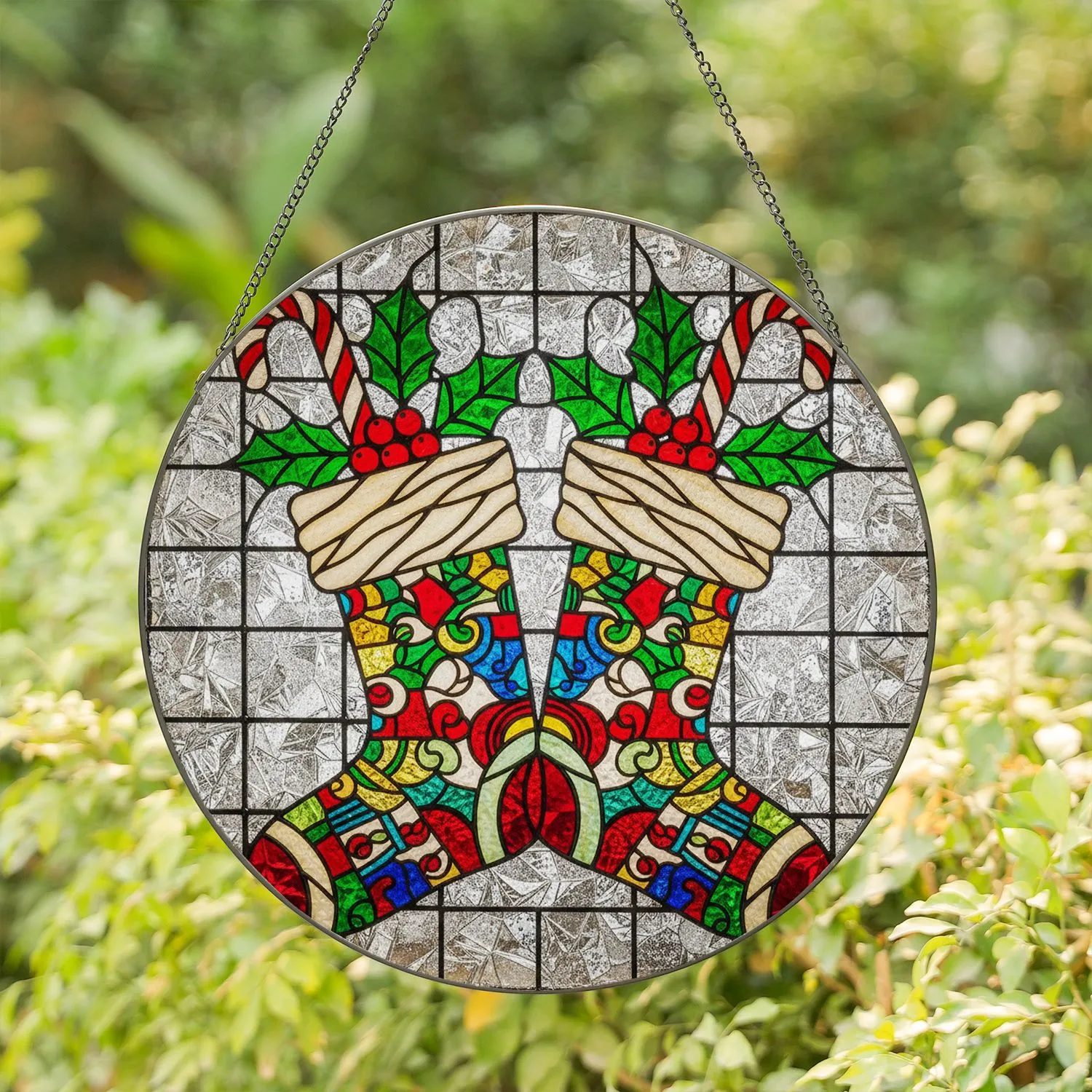 Christmas Stockings Candy Cane Holly Mosaic Tiffany Glass Ice Crystal Holiday Decor Gift Stained Glass Suncatcher - 1