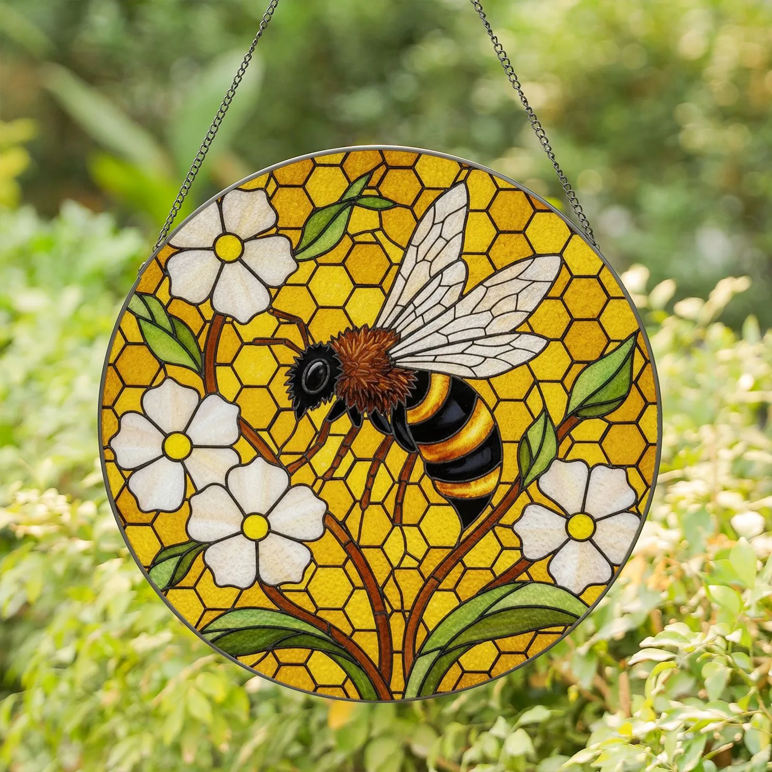 Honeybee Stained Glass Art with Honeycomb & Flowers - Tiffany Style Window Decor Stained Glass Suncatcher - 1