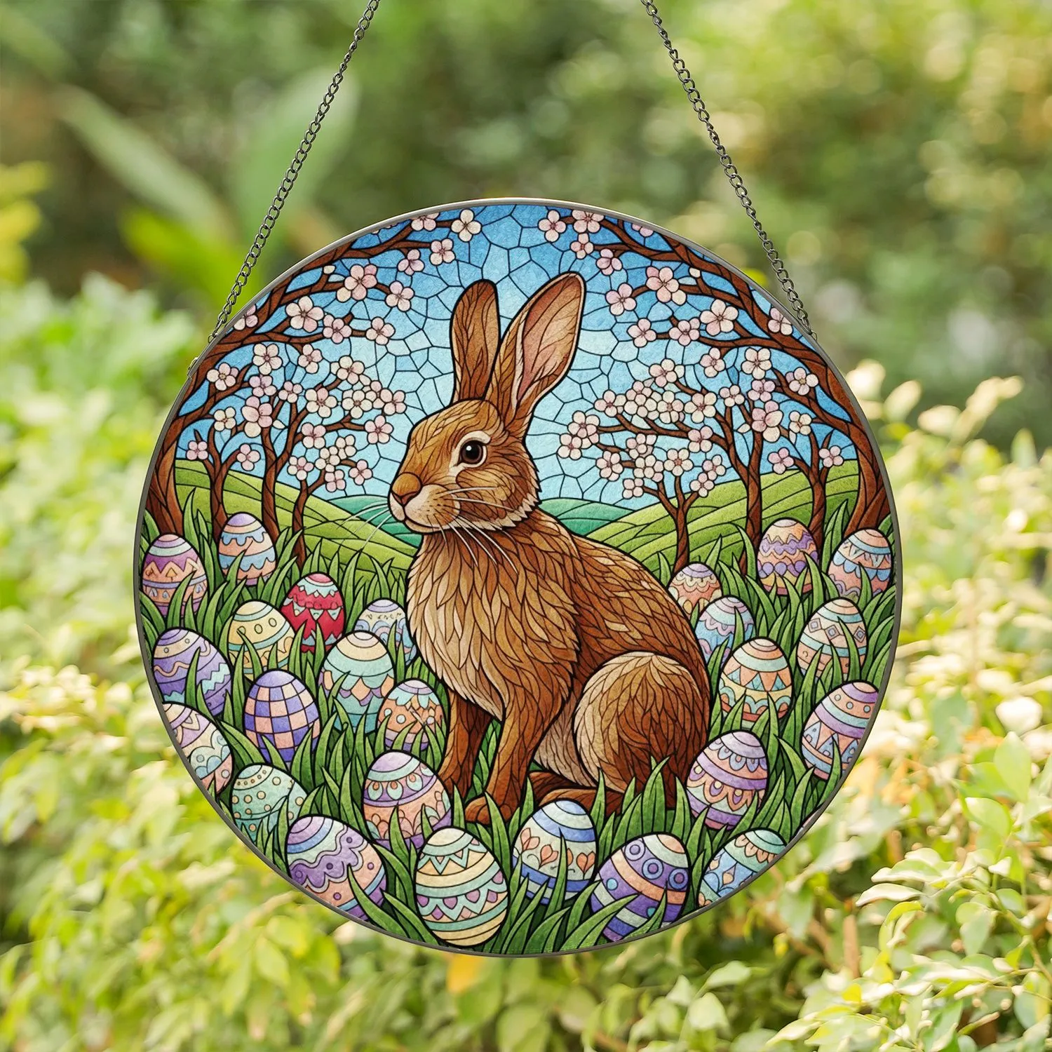 Brown Rabbit Easter Eggs Stained Glass Tiffany Art - Spring Holiday Gift Decor Stained Glass Suncatcher - 1