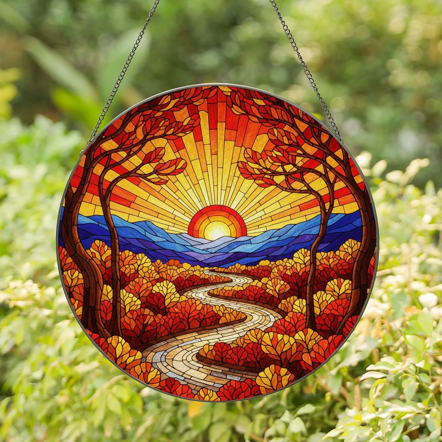 Autumn Landscape Setting Sun Mountains River Gnarled Trees Stained Glass Style - Fall Decor Stained Glass Suncatcher - 1