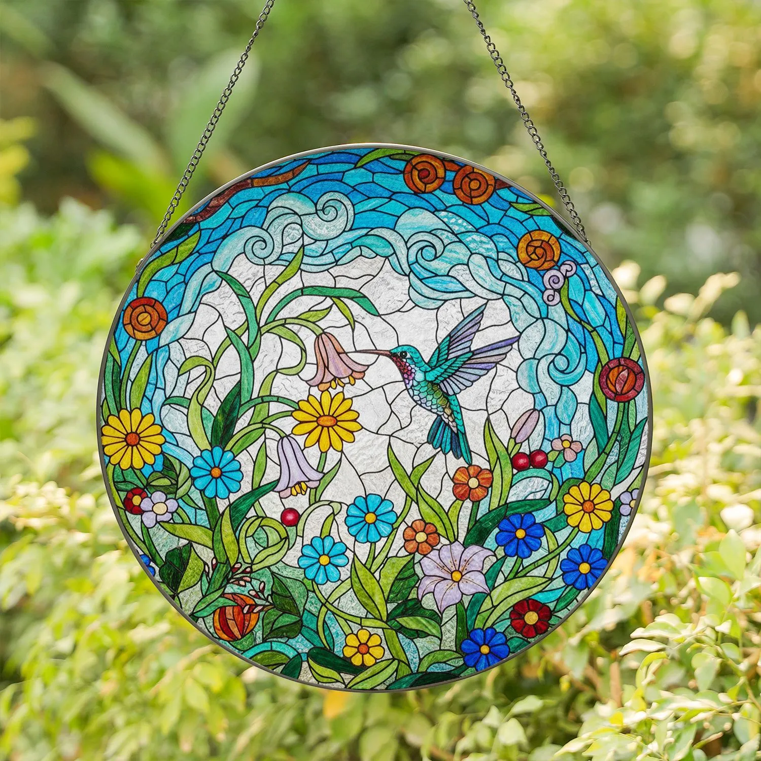Hummingbird Stained Glass Floral Mosaic Art - Tiffany Style Window Panel Home Decor Stained Glass Suncatcher - 1