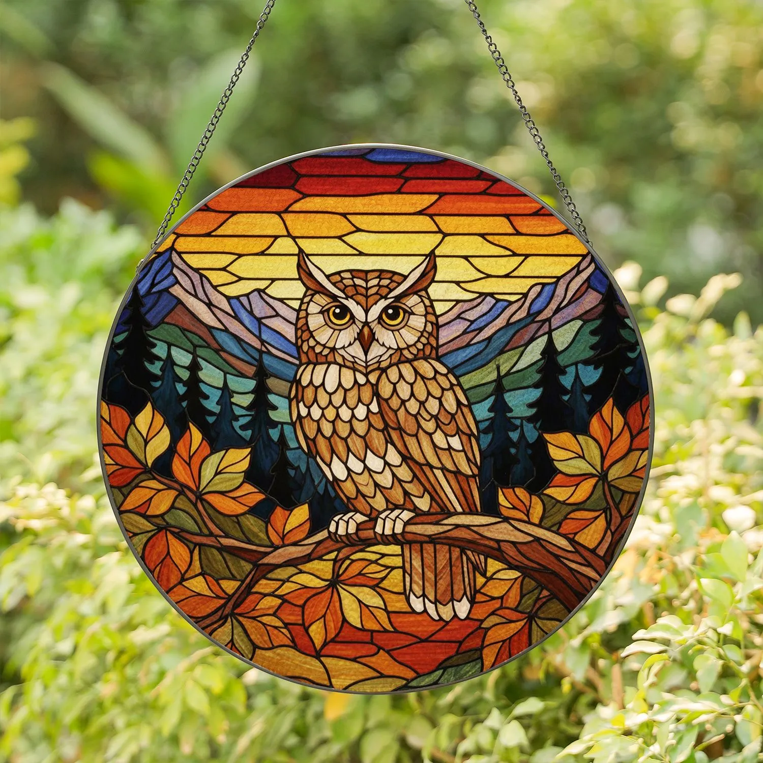Majestic Wide-Eyed Owl Glowing Tiffany Stained Glass Autumn Mountain Pine Jewel Tones Stained Glass Suncatcher - 1