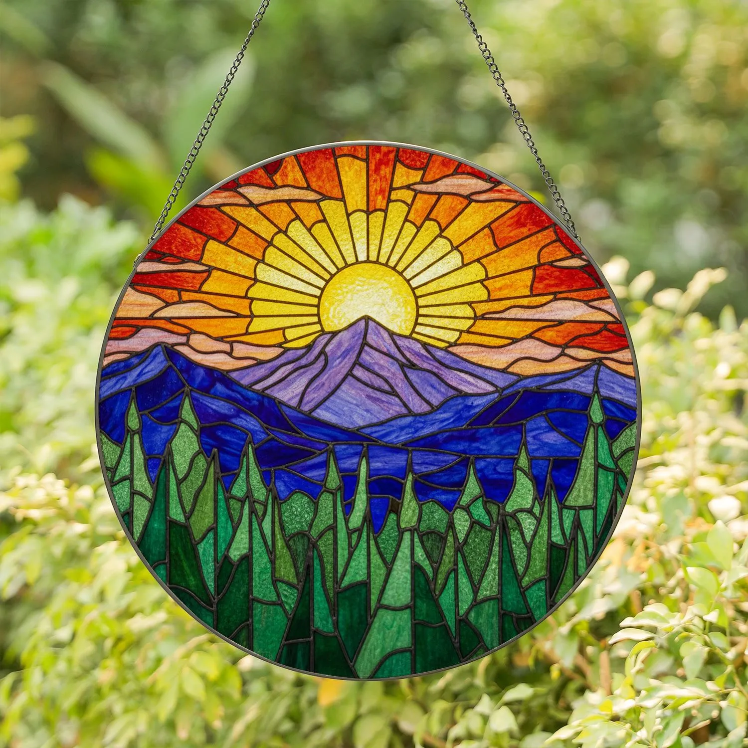 Bright Sun Mountains Forest Tiffany Style Stained Glass Mosaic Art - Nature Home Decor Gift Stained Glass Suncatcher - 1